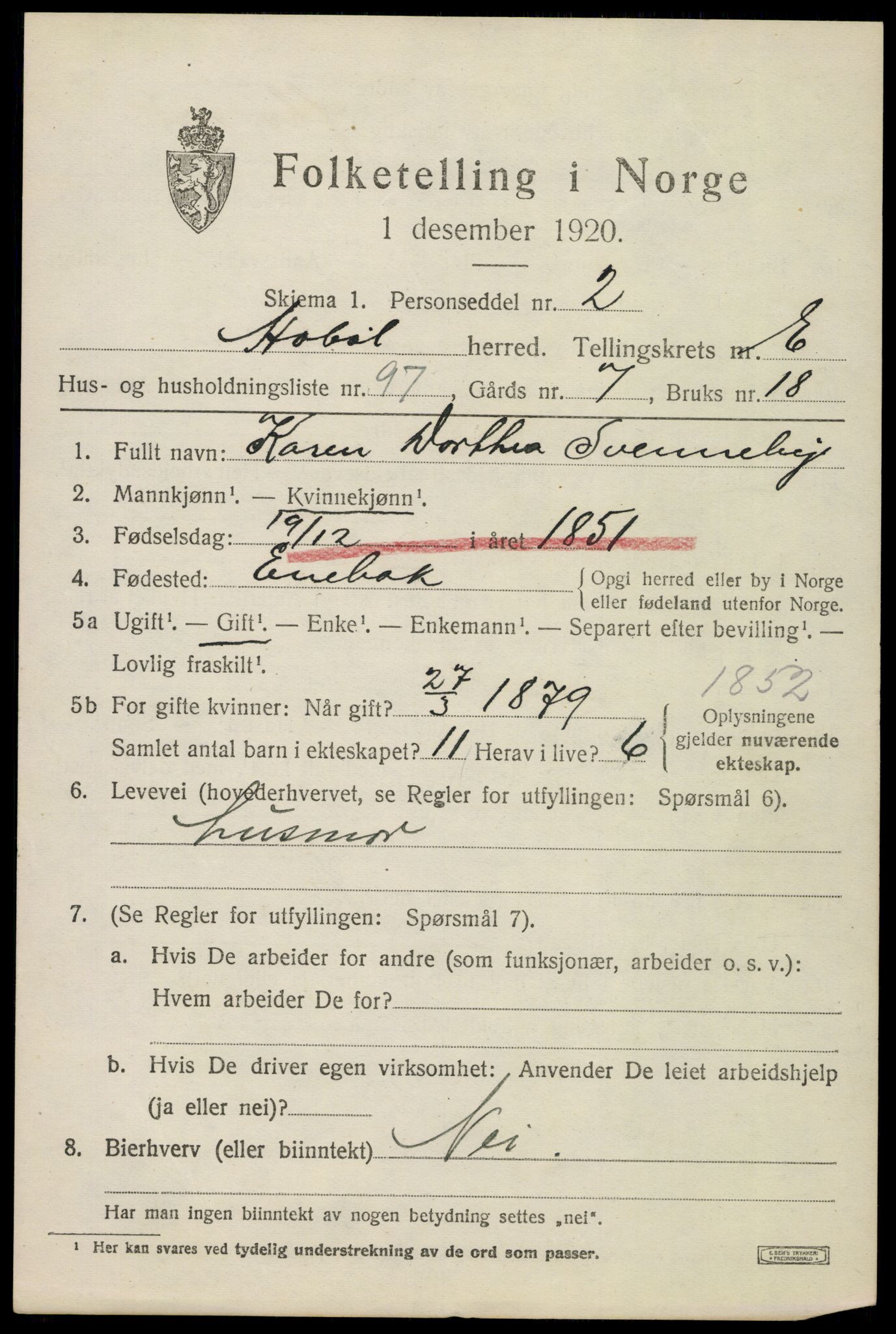 SAO, 1920 census for Hobøl, 1920, p. 5194