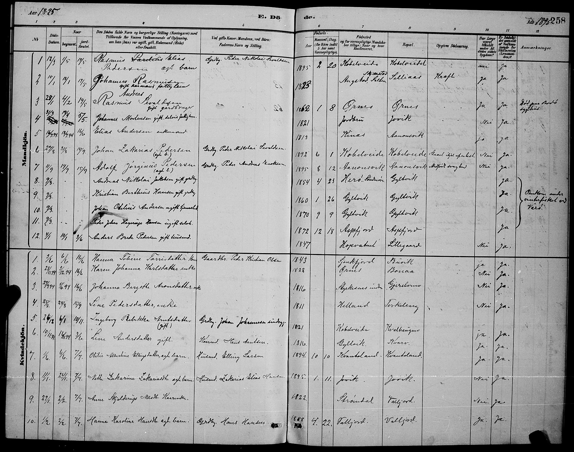 Ministerialprotokoller, klokkerbøker og fødselsregistre - Nordland, AV/SAT-A-1459/853/L0772: Parish register (official) no. 853A11, 1881-1900, p. 258