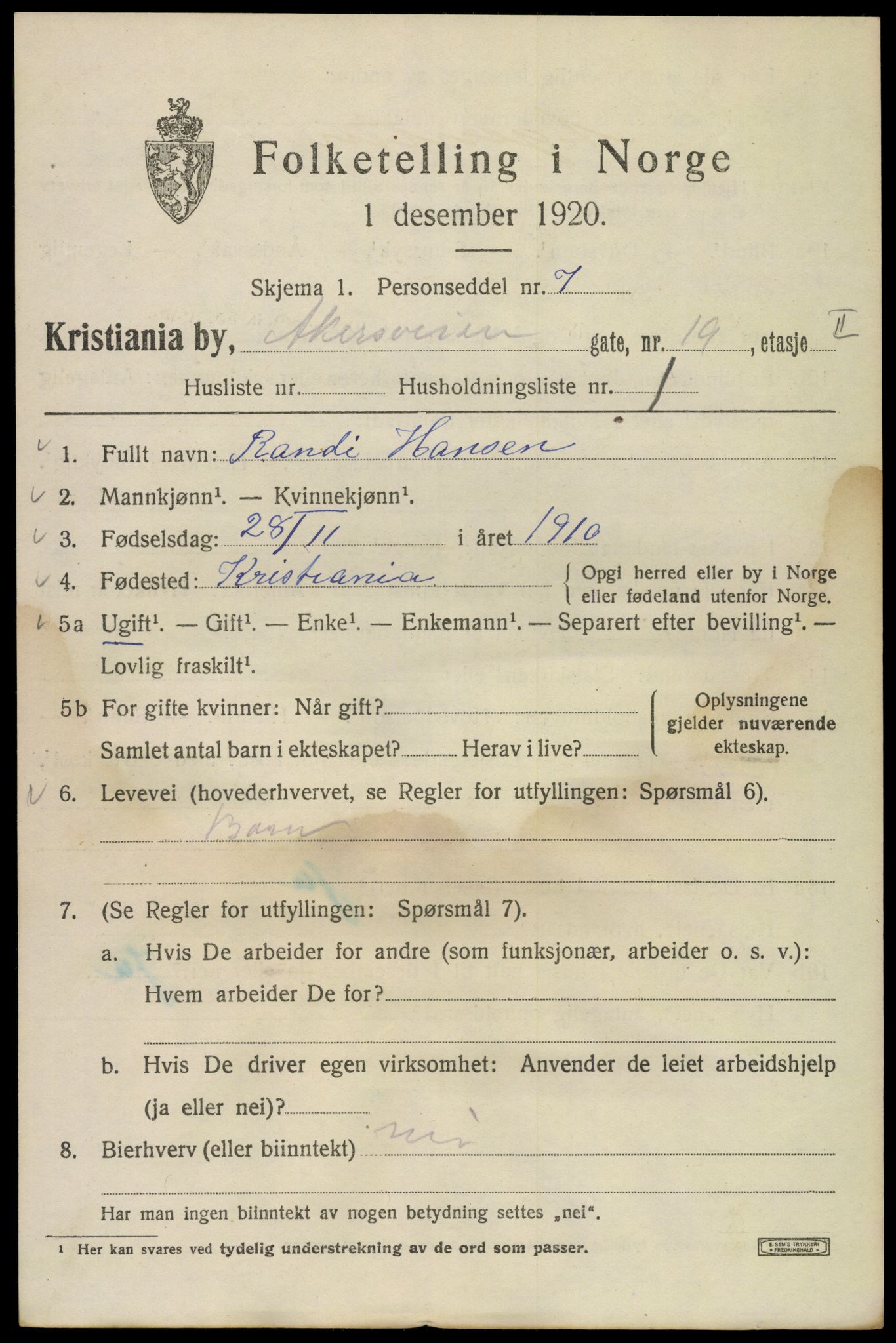 SAO, 1920 census for Kristiania, 1920, p. 140591