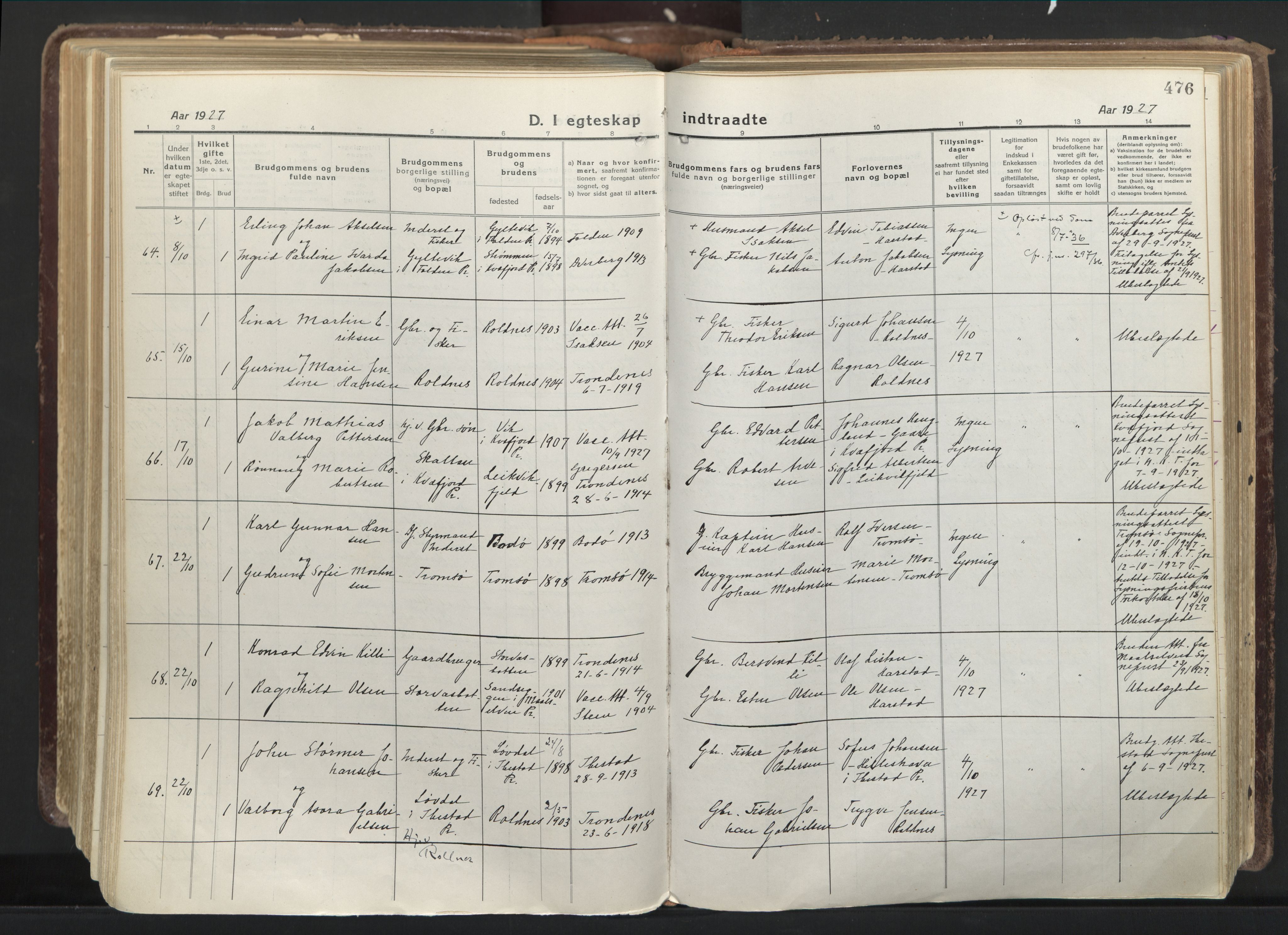 Trondenes sokneprestkontor, AV/SATØ-S-1319/H/Ha/L0019kirke: Parish register (official) no. 19, 1919-1928, p. 476