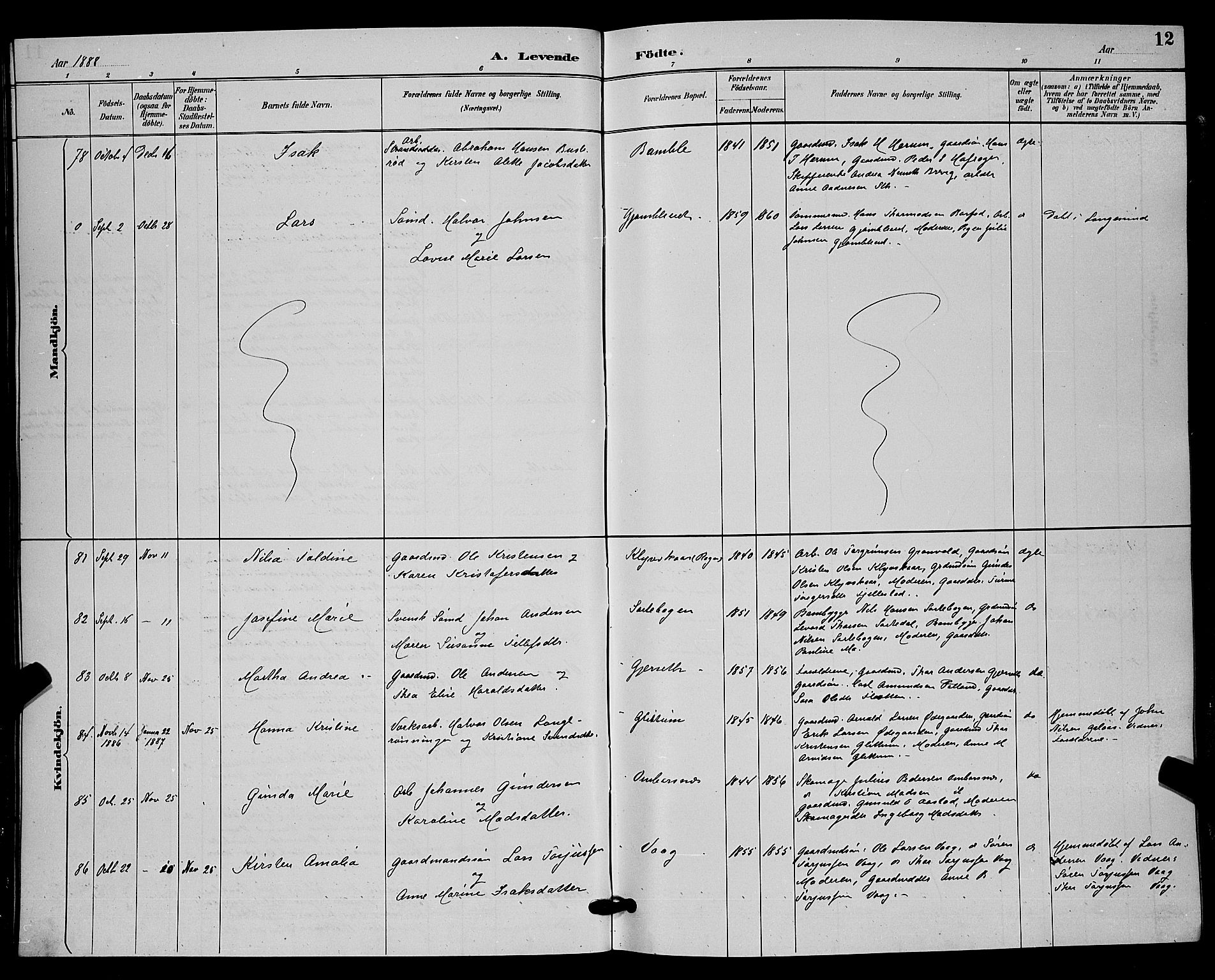 Bamble kirkebøker, SAKO/A-253/G/Ga/L0009: Parish register (copy) no. I 9, 1888-1900, p. 12