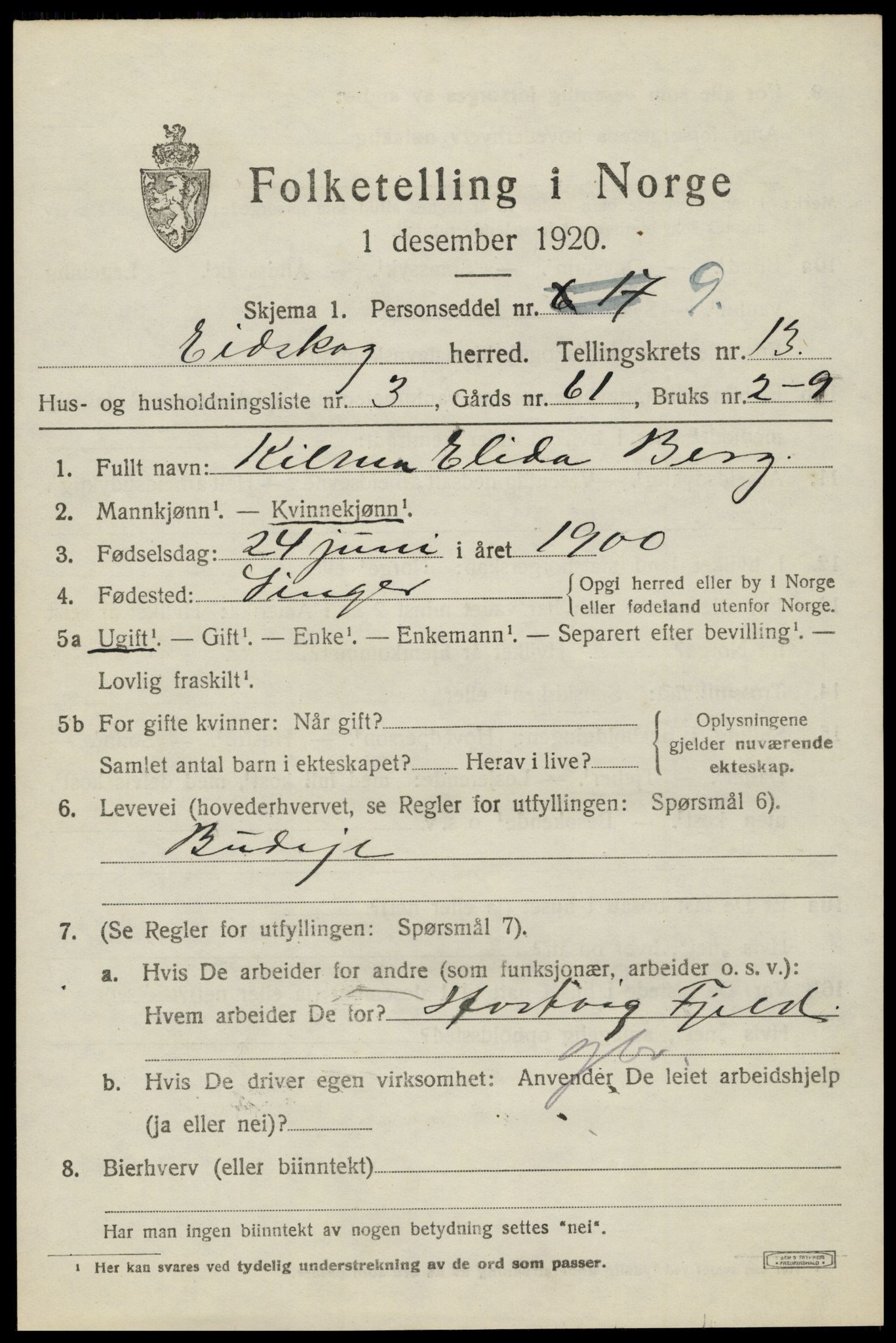 SAH, 1920 census for Eidskog, 1920, p. 12151