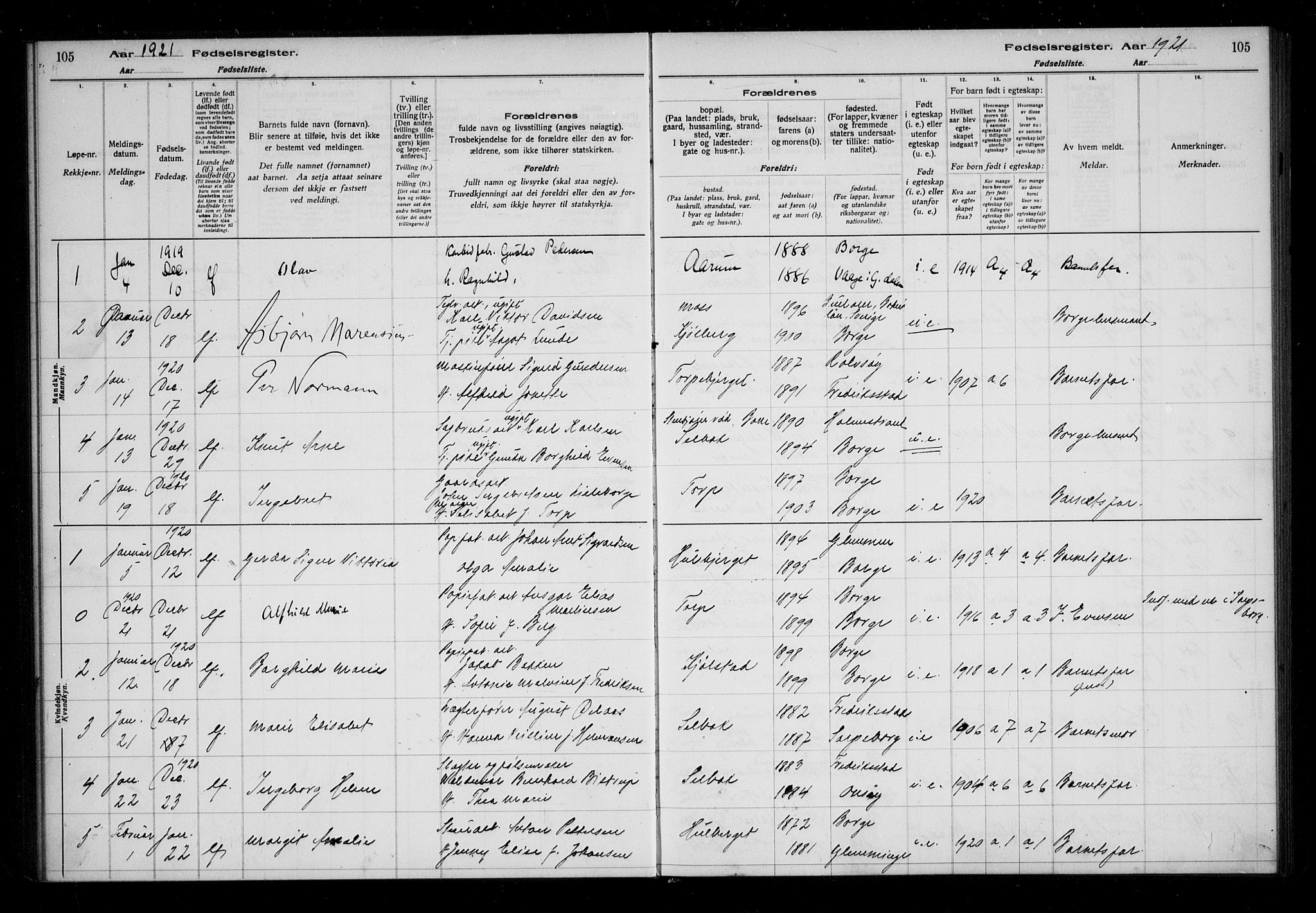 Borge prestekontor Kirkebøker, SAO/A-10903/J/Ja/L0001: Birth register no. I 1, 1916-1925, p. 105
