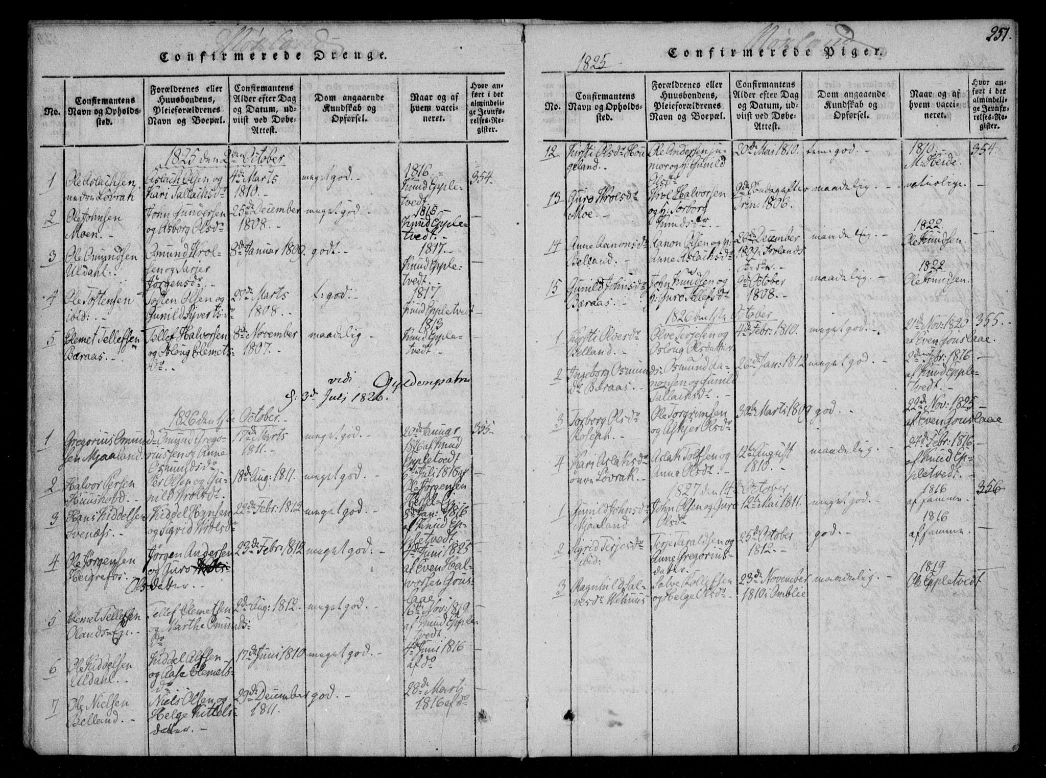 Åmli sokneprestkontor, AV/SAK-1111-0050/F/Fa/Fac/L0006: Parish register (official) no. A 6, 1816-1829, p. 251