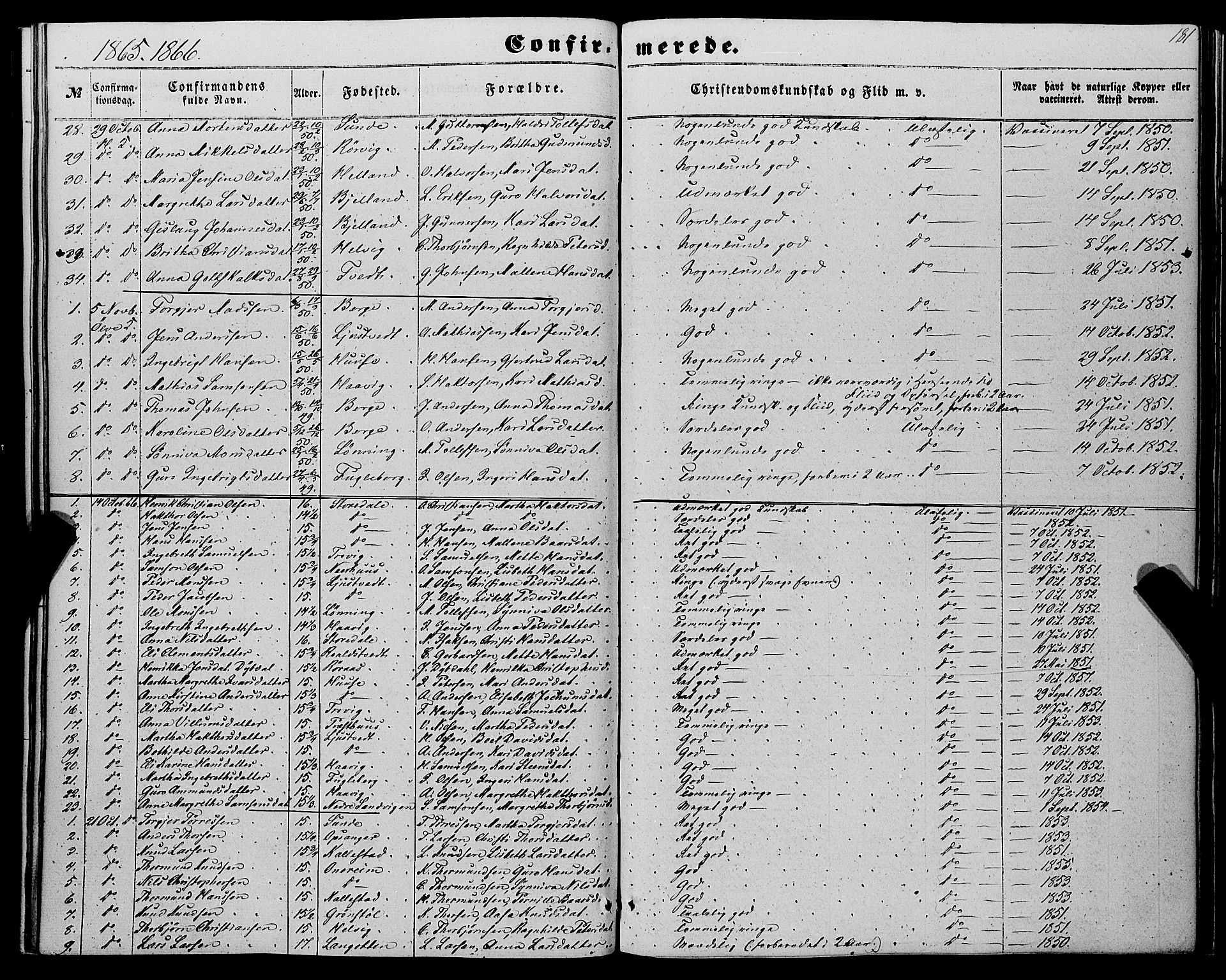 Kvinnherad sokneprestembete, SAB/A-76401/H/Haa: Parish register (official) no. A 8, 1854-1872, p. 181