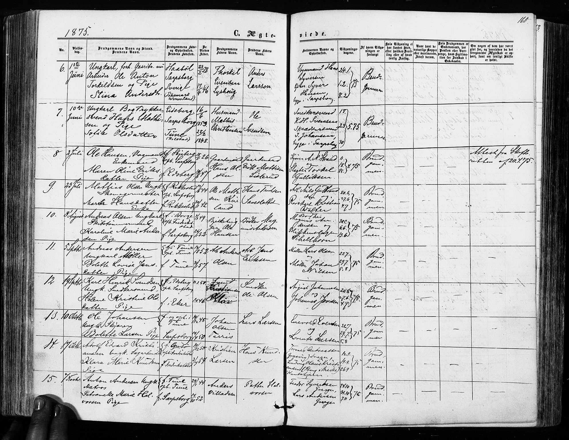 Sarpsborg prestekontor Kirkebøker, SAO/A-2006/F/Fa/L0002: Parish register (official) no. 2, 1869-1877, p. 160