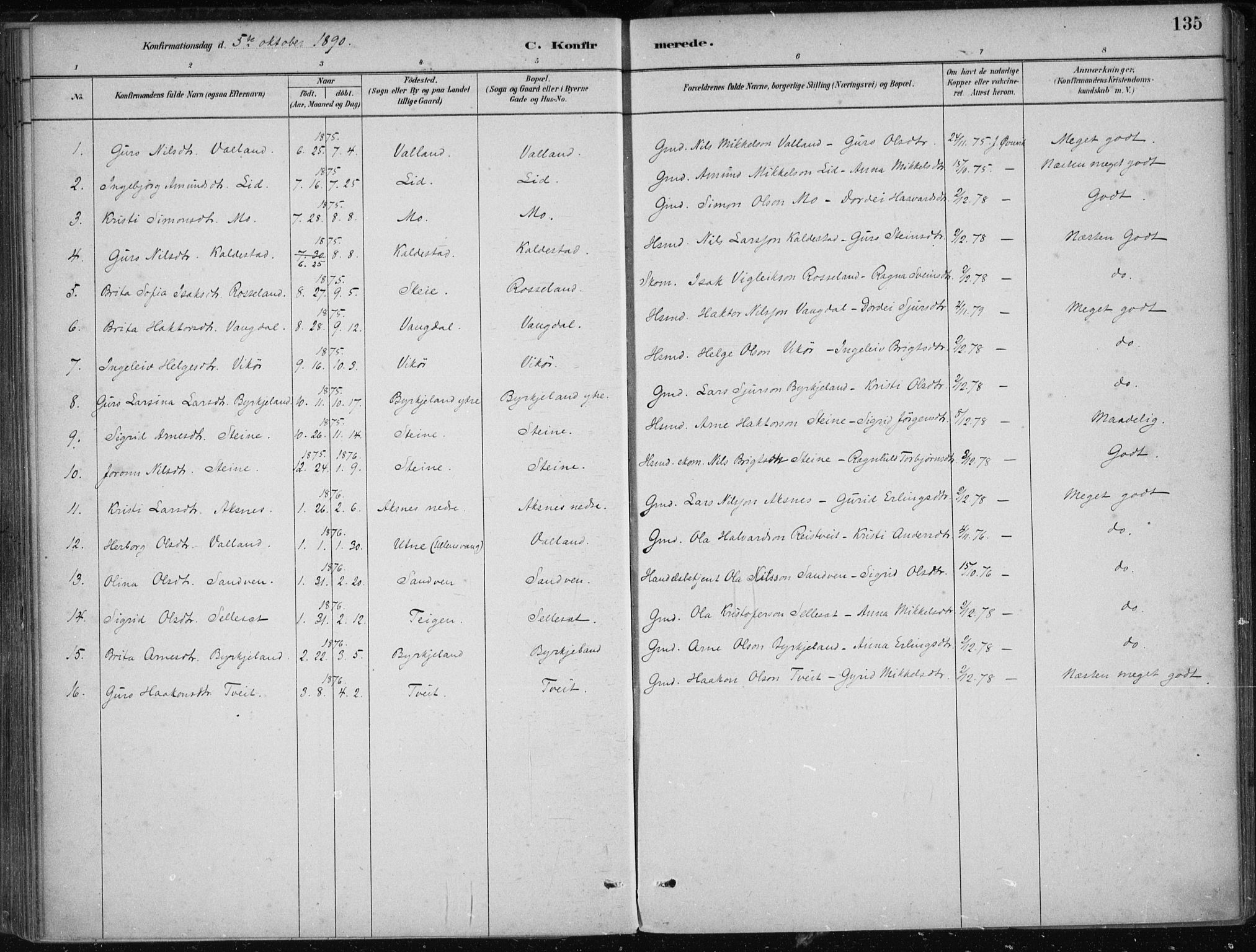 Kvam sokneprestembete, AV/SAB-A-76201/H/Haa: Parish register (official) no. B  1, 1880-1908, p. 135