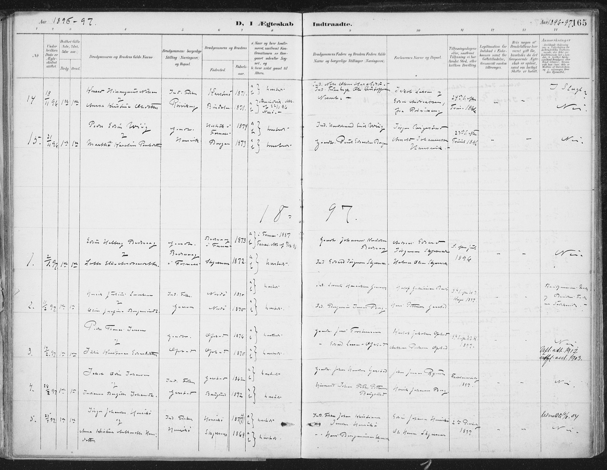Ministerialprotokoller, klokkerbøker og fødselsregistre - Nord-Trøndelag, SAT/A-1458/786/L0687: Parish register (official) no. 786A03, 1888-1898, p. 165