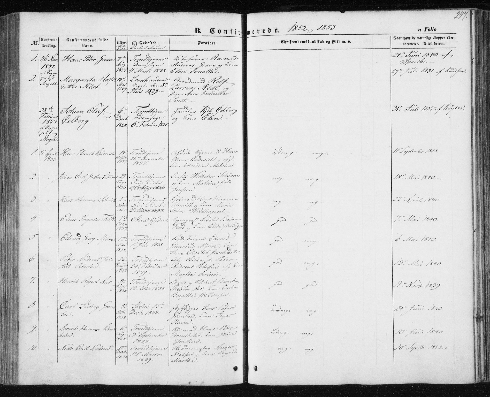 Ministerialprotokoller, klokkerbøker og fødselsregistre - Sør-Trøndelag, SAT/A-1456/602/L0112: Parish register (official) no. 602A10, 1848-1859, p. 247