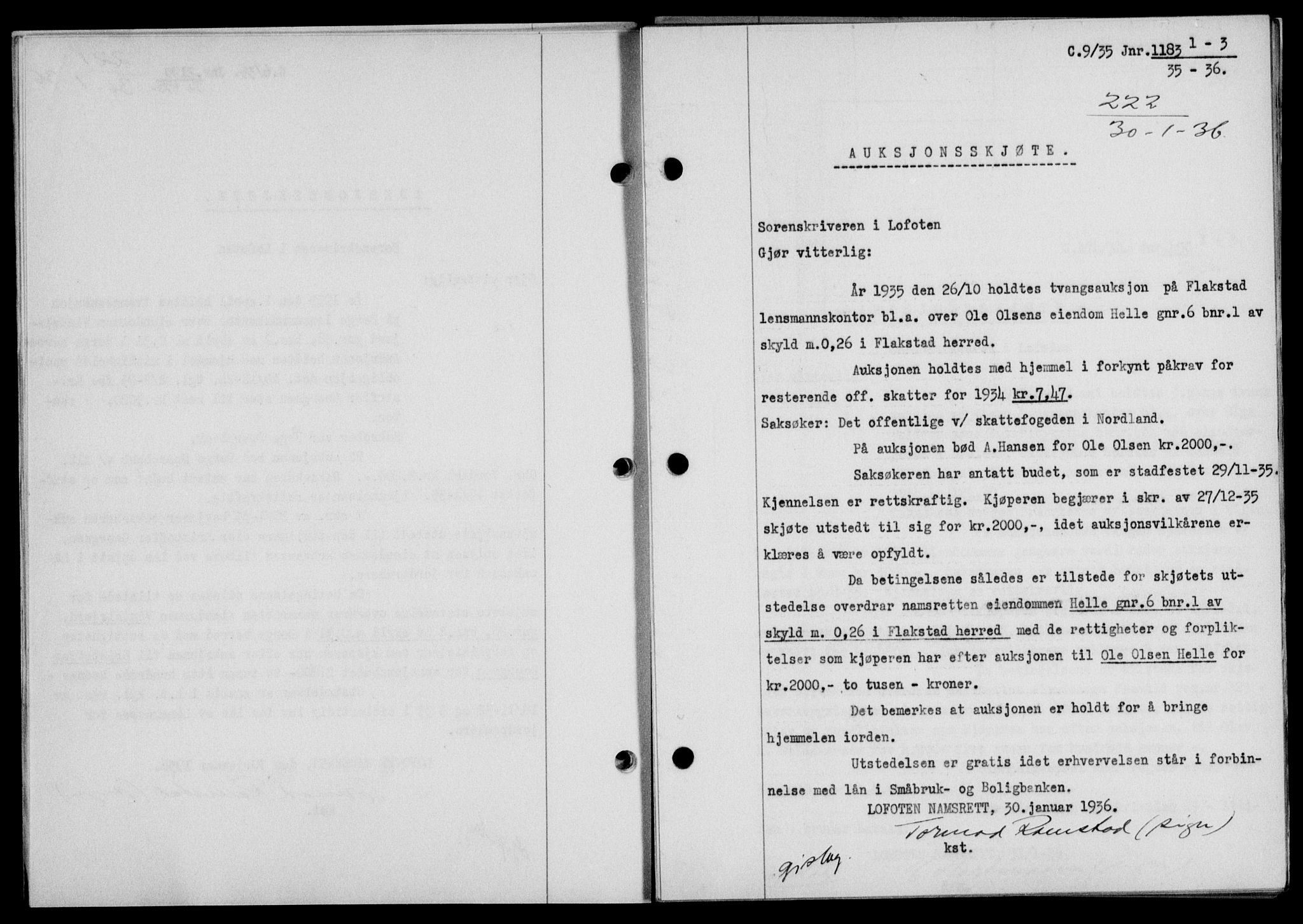 Lofoten sorenskriveri, SAT/A-0017/1/2/2C/L0033b: Mortgage book no. 33b, 1936-1936, Diary no: : 222/1936