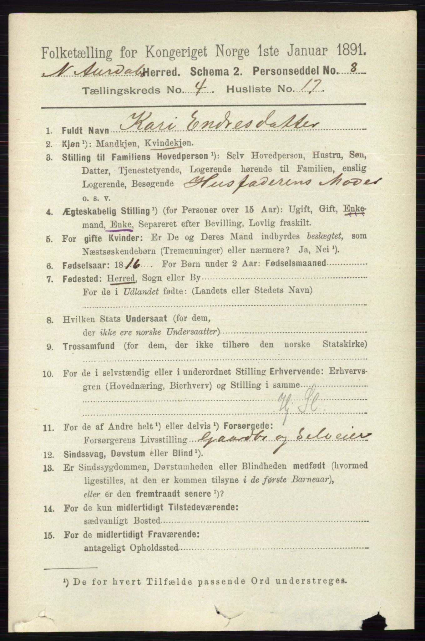 RA, 1891 census for 0542 Nord-Aurdal, 1891, p. 1239