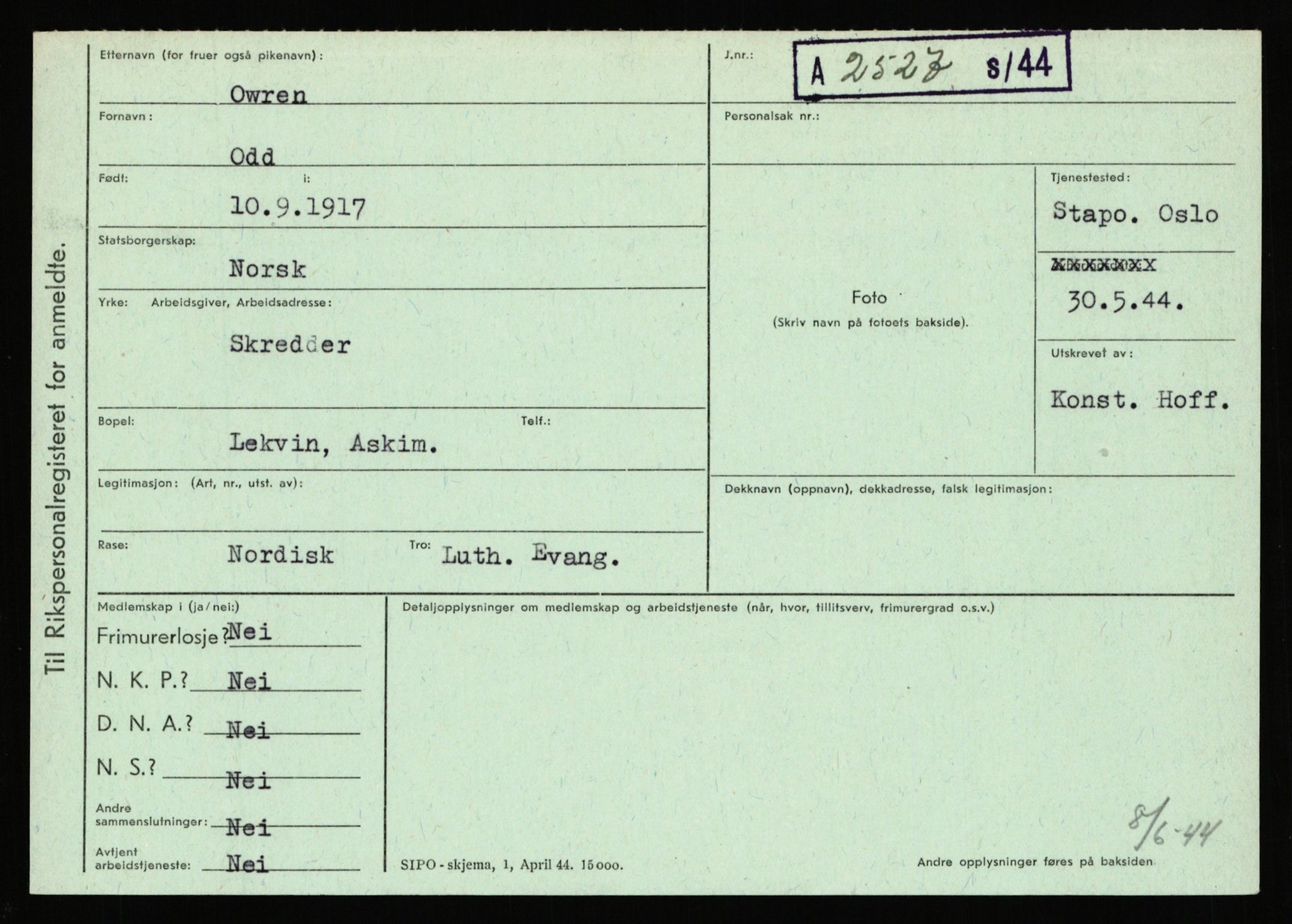 Statspolitiet - Hovedkontoret / Osloavdelingen, AV/RA-S-1329/C/Ca/L0012: Oanæs - Quistgaard	, 1943-1945, p. 2858