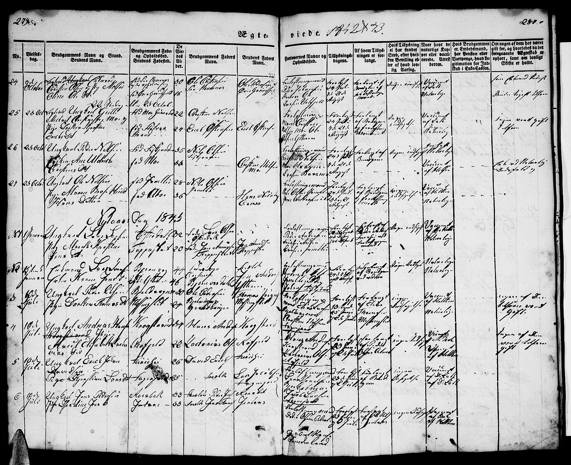 Ministerialprotokoller, klokkerbøker og fødselsregistre - Nordland, SAT/A-1459/827/L0413: Parish register (copy) no. 827C02, 1842-1852, p. 279-280