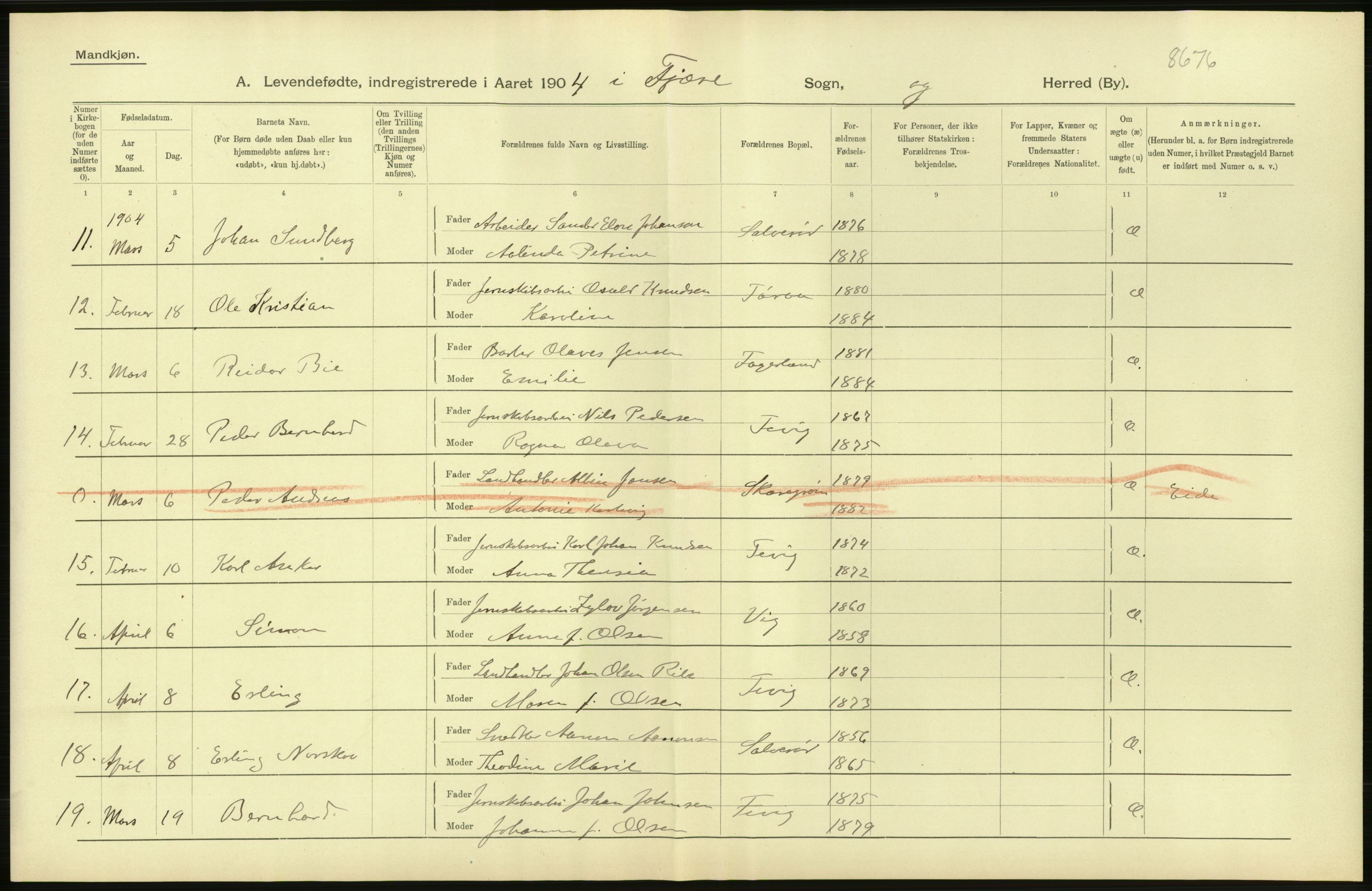 Statistisk sentralbyrå, Sosiodemografiske emner, Befolkning, AV/RA-S-2228/D/Df/Dfa/Dfab/L0010: Nedenes amt: Fødte, gifte, døde, 1904, p. 32