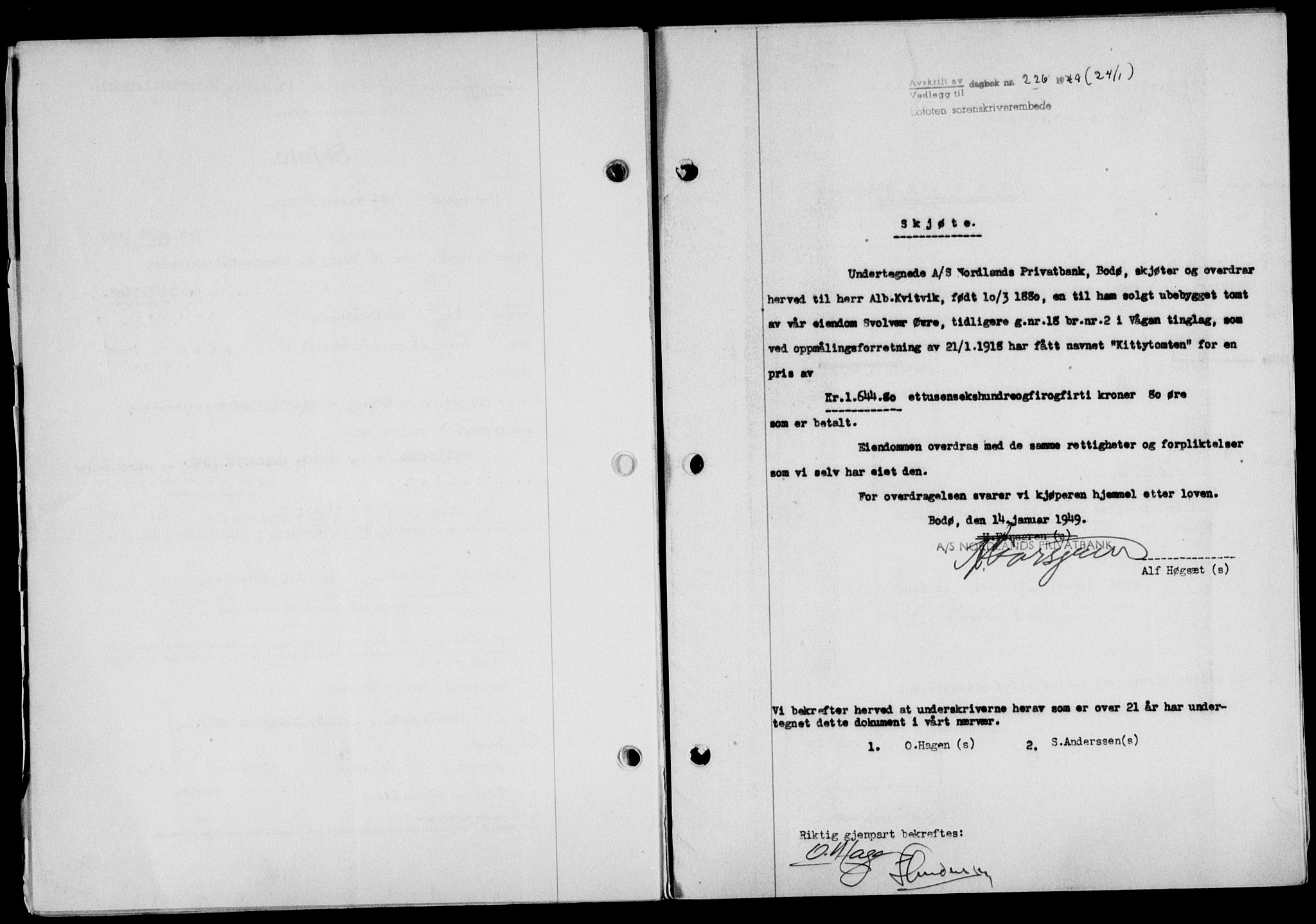 Lofoten sorenskriveri, SAT/A-0017/1/2/2C/L0020a: Mortgage book no. 20a, 1948-1949, Diary no: : 226/1949
