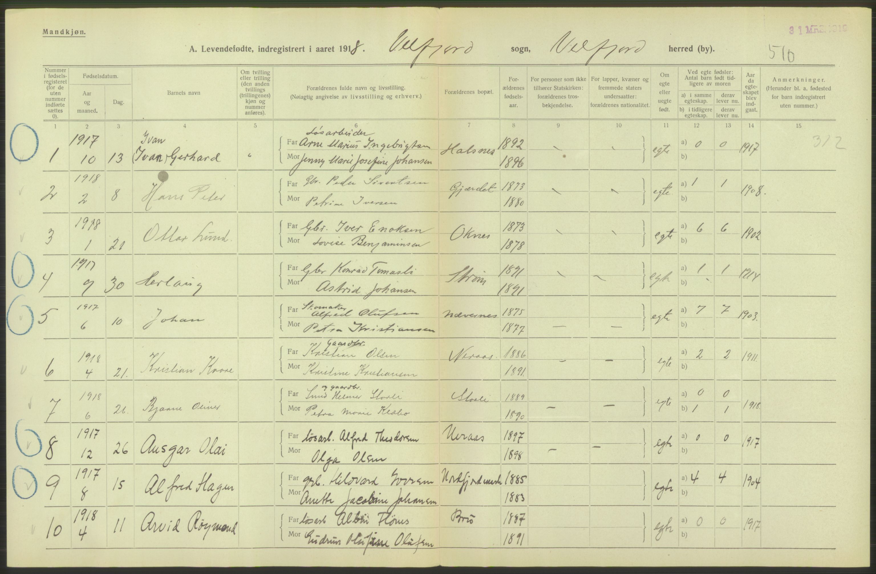 Statistisk sentralbyrå, Sosiodemografiske emner, Befolkning, RA/S-2228/D/Df/Dfb/Dfbh/L0052: Nordland fylke: Levendefødte menn og kvinner. Bygder., 1918, p. 40