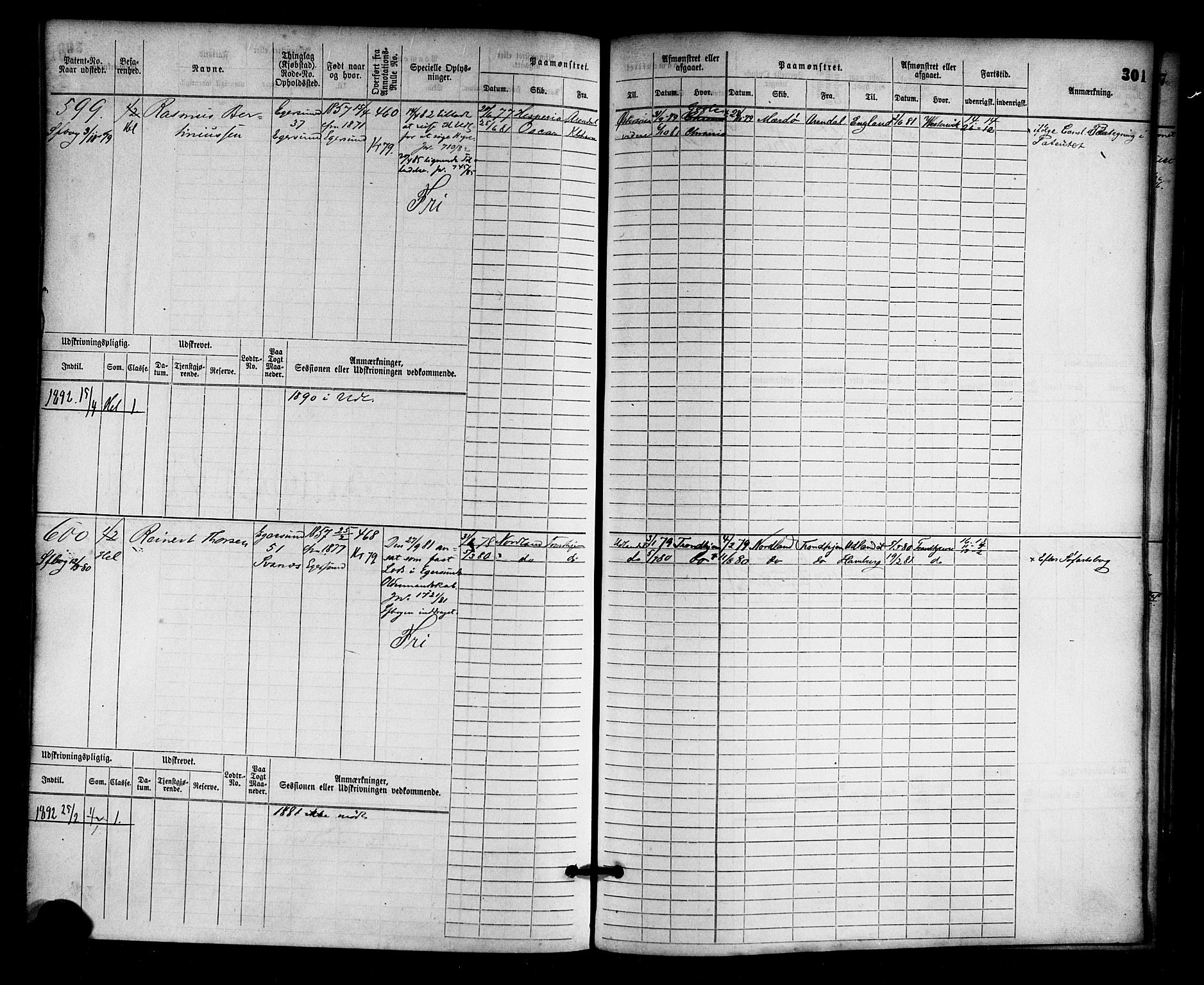 Egersund mønstringskrets, SAK/2031-0019/F/Fb/L0001: Hovedrulle nr 1-666, O-3, 1868-1920, p. 311