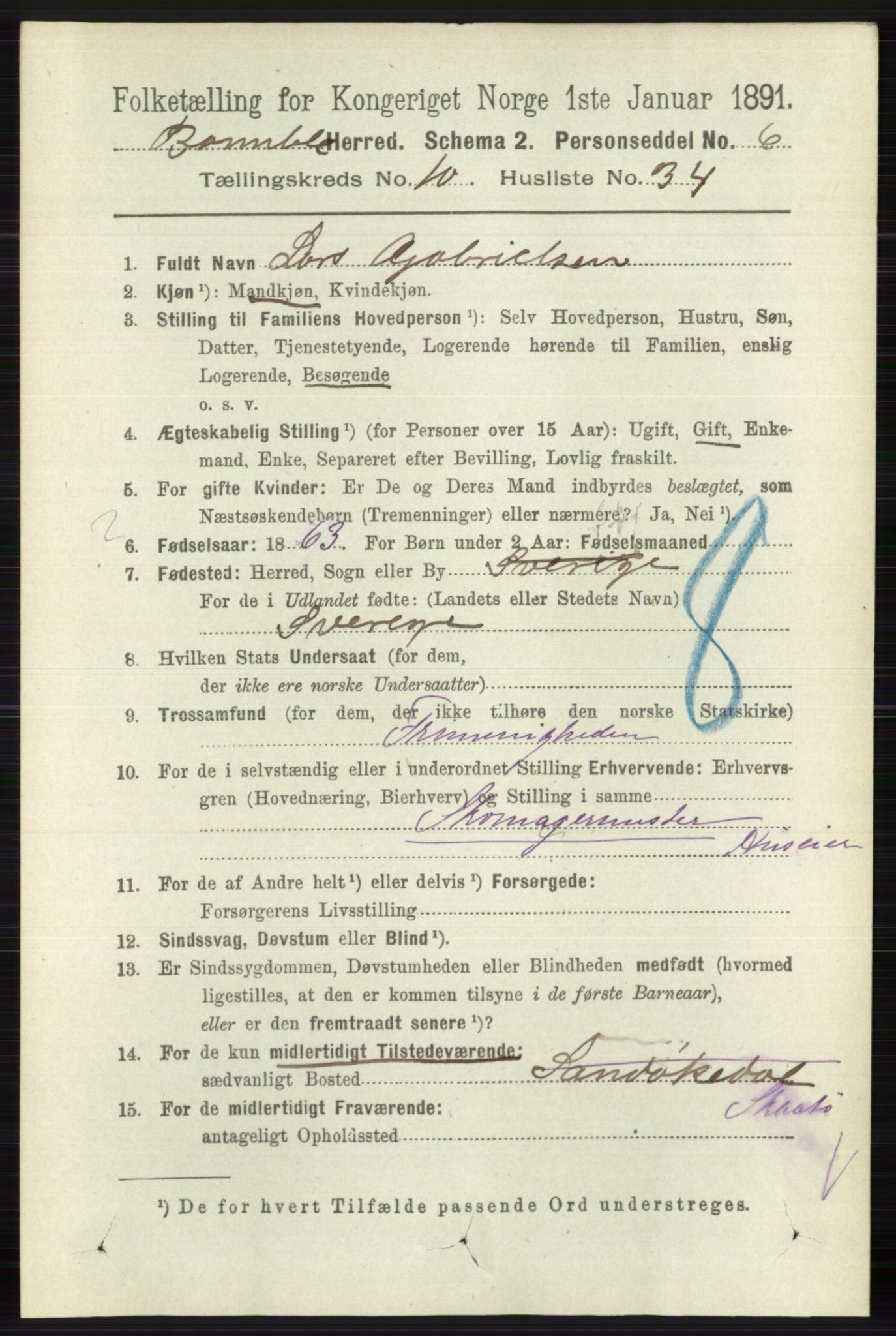 RA, 1891 census for 0814 Bamble, 1891, p. 5993