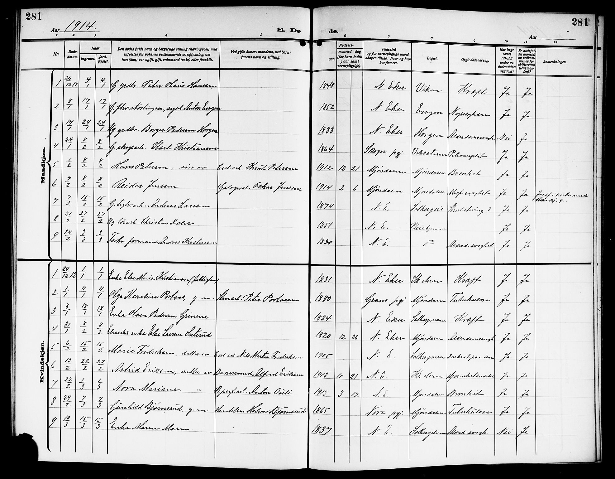 Nedre Eiker kirkebøker, SAKO/A-612/G/Ga/L0005: Parish register (copy) no. 5, 1913-1921, p. 281