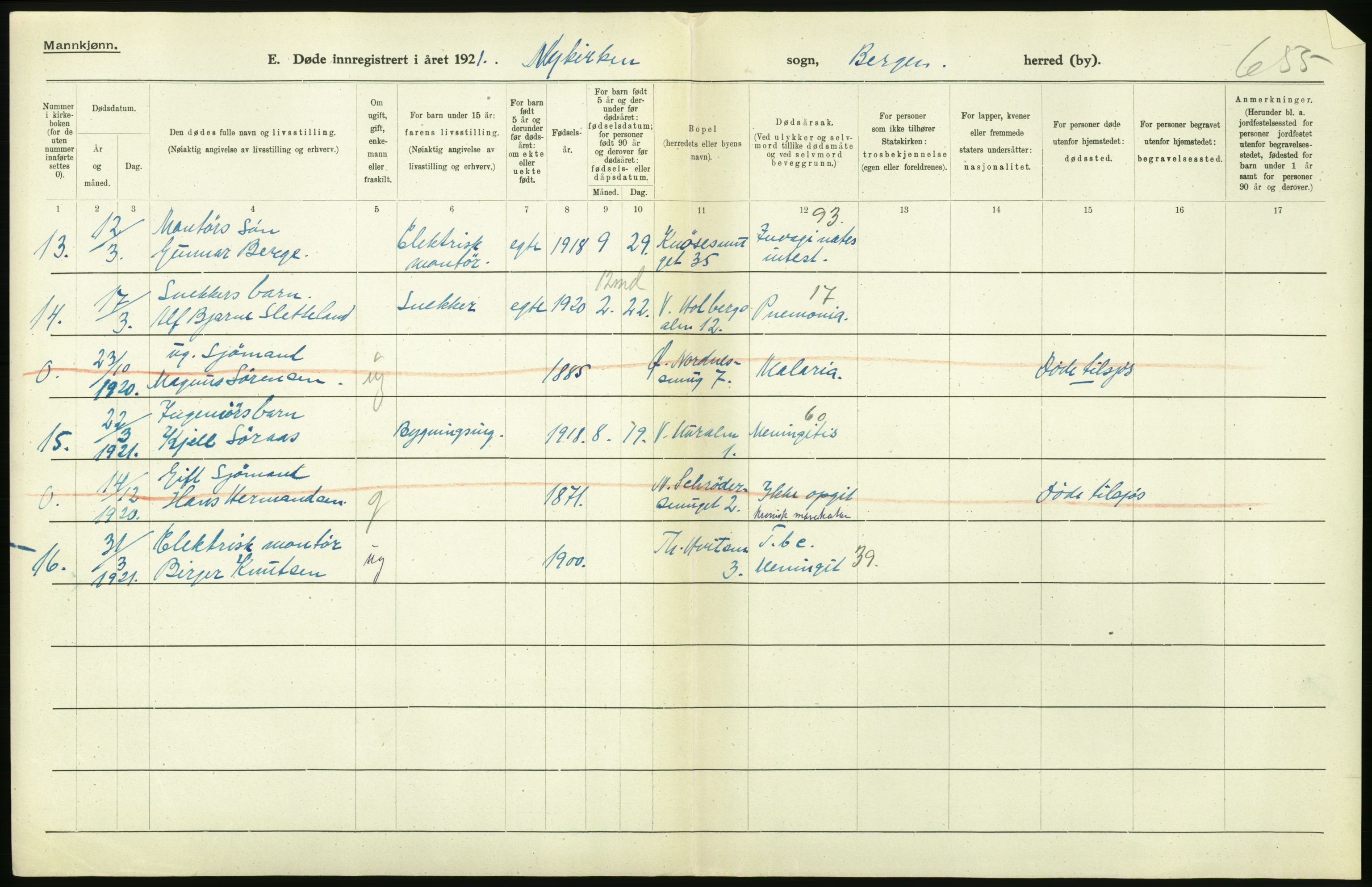 Statistisk sentralbyrå, Sosiodemografiske emner, Befolkning, AV/RA-S-2228/D/Df/Dfc/Dfca/L0036: Bergen: Døde., 1921, p. 64