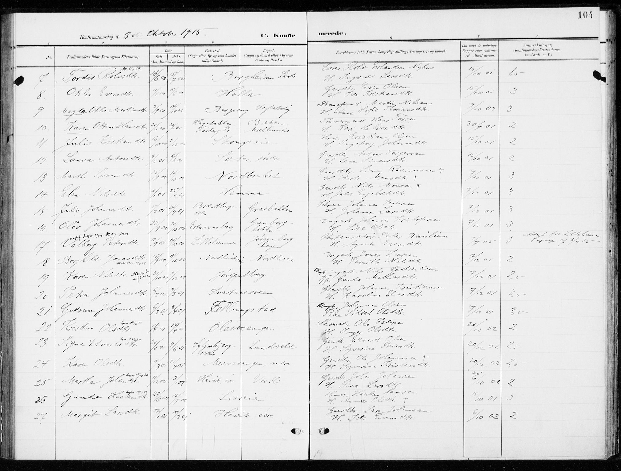 Ringsaker prestekontor, SAH/PREST-014/K/Ka/L0021: Parish register (official) no. 21, 1905-1920, p. 104