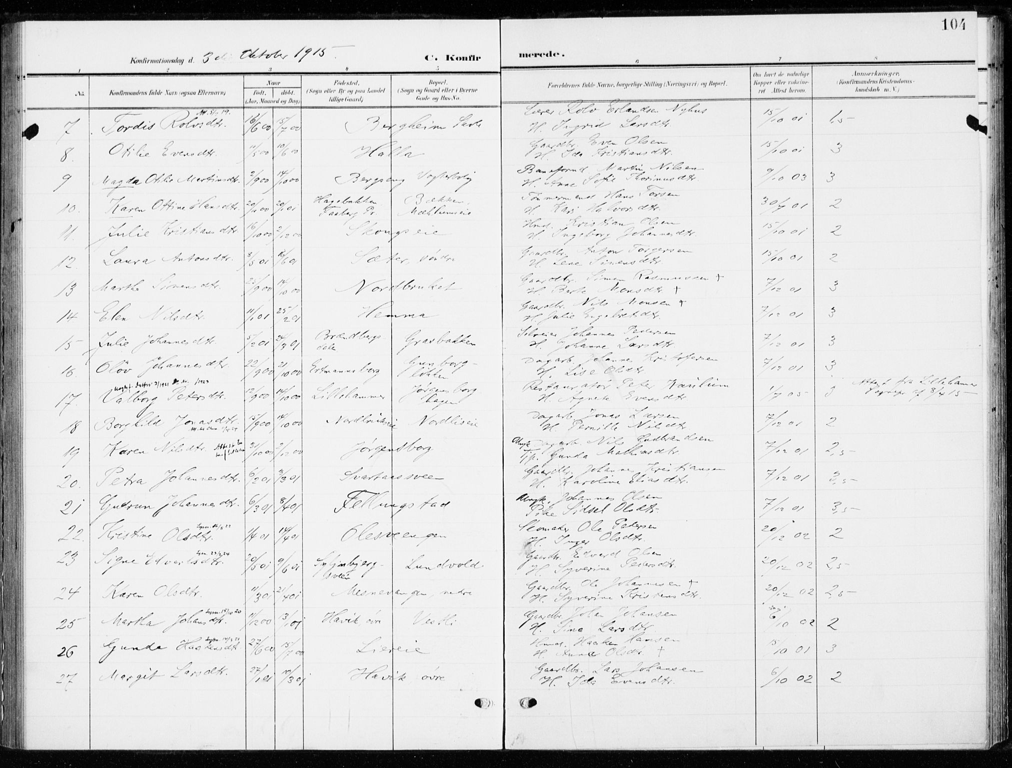 Ringsaker prestekontor, AV/SAH-PREST-014/K/Ka/L0021: Parish register (official) no. 21, 1905-1920, p. 104