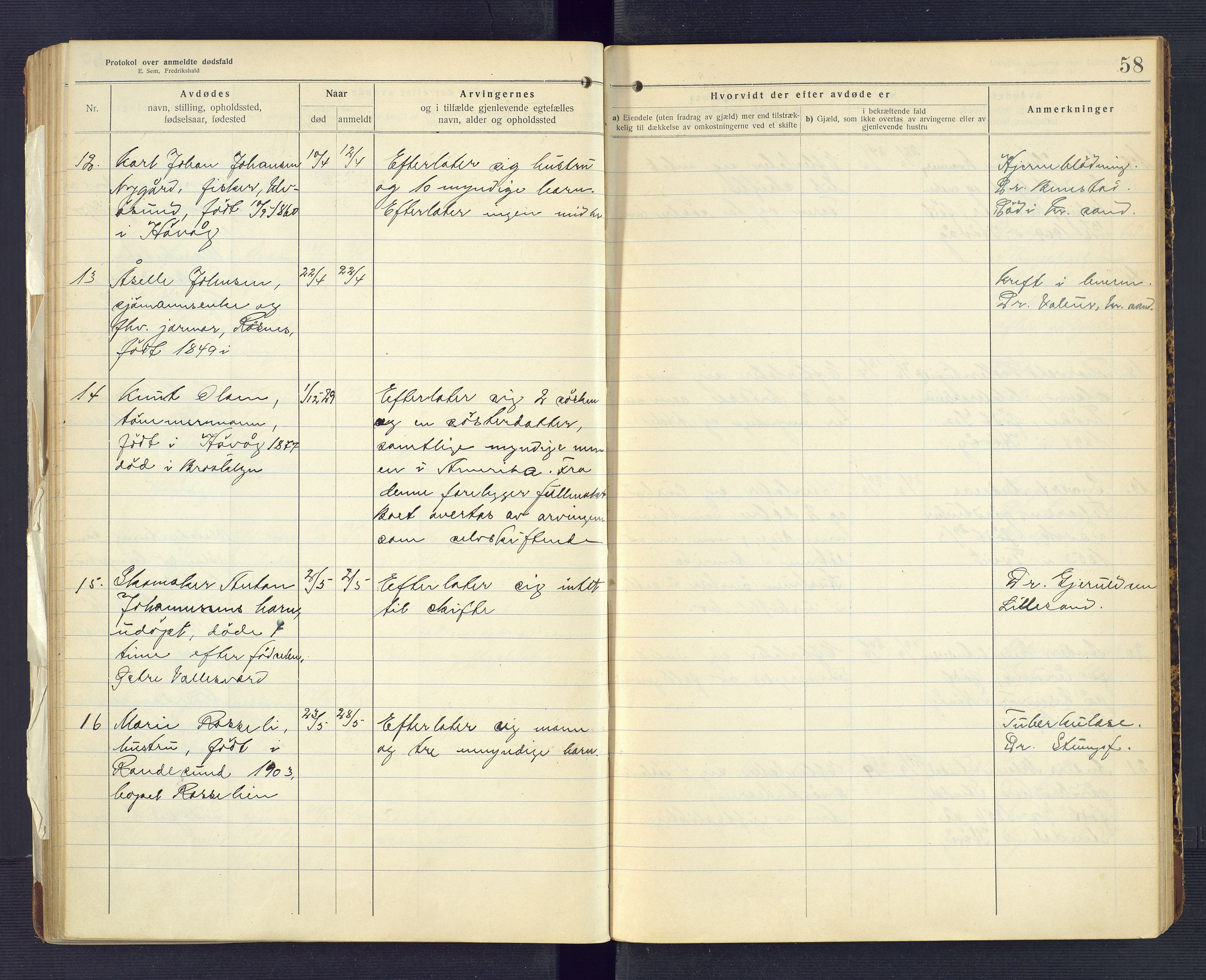 Høvåg lensmannskontor, SAK/1241-0024/F/Fe/L0041: Protokoll over anmeldte dødsfall, 1916-1933, p. 58