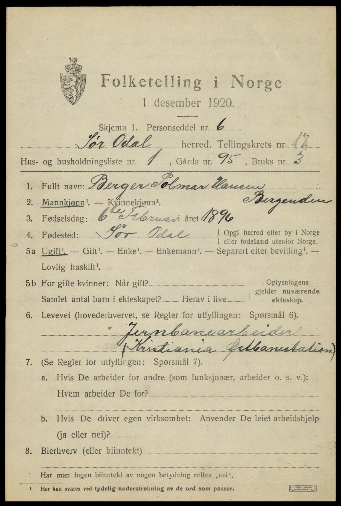 SAH, 1920 census for Sør-Odal, 1920, p. 17013