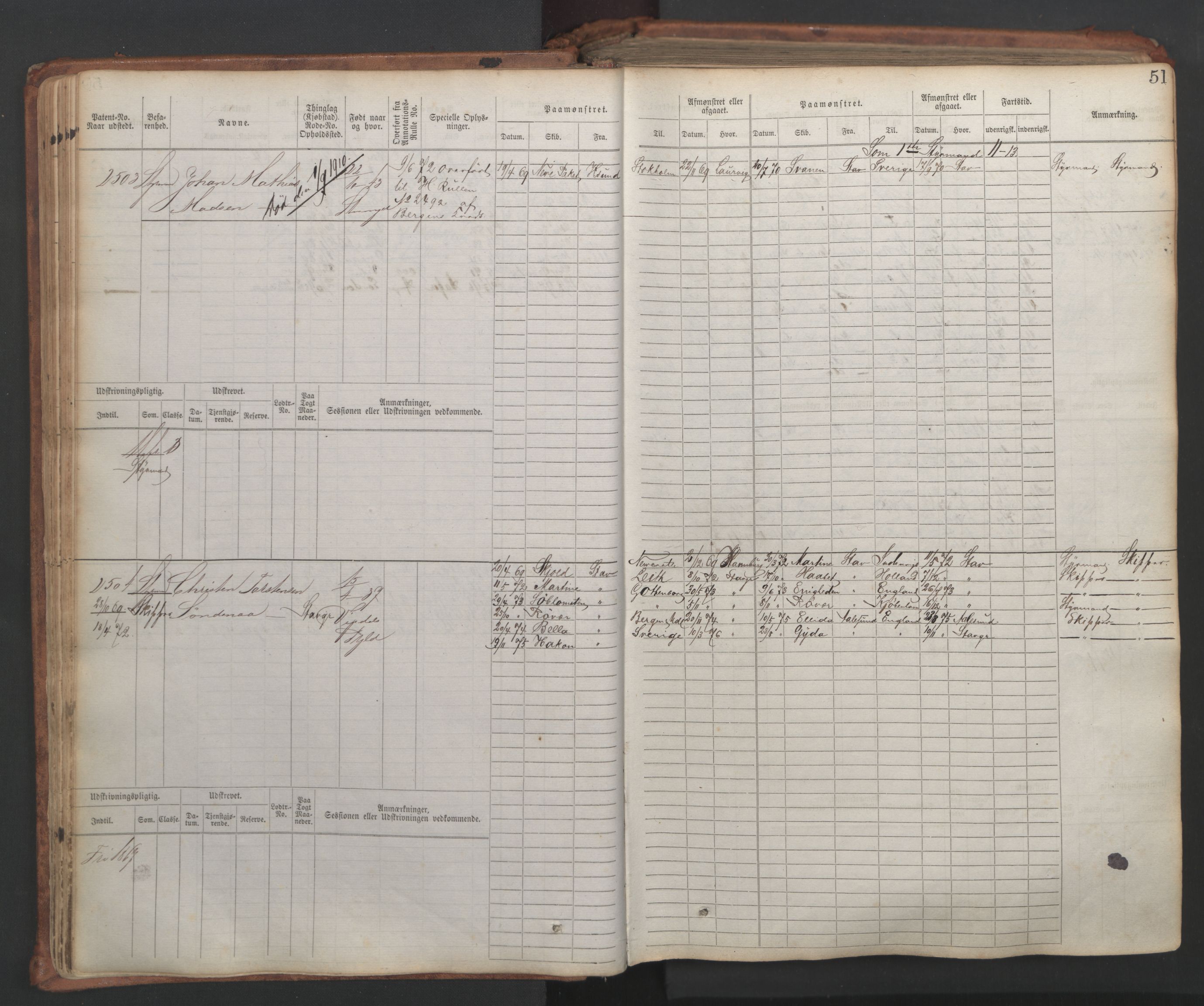 Stavanger sjømannskontor, AV/SAST-A-102006/F/Fb/Fbb/L0007: Sjøfartshovedrulle, patentnr. 2403-3604, 1869-1880, p. 56