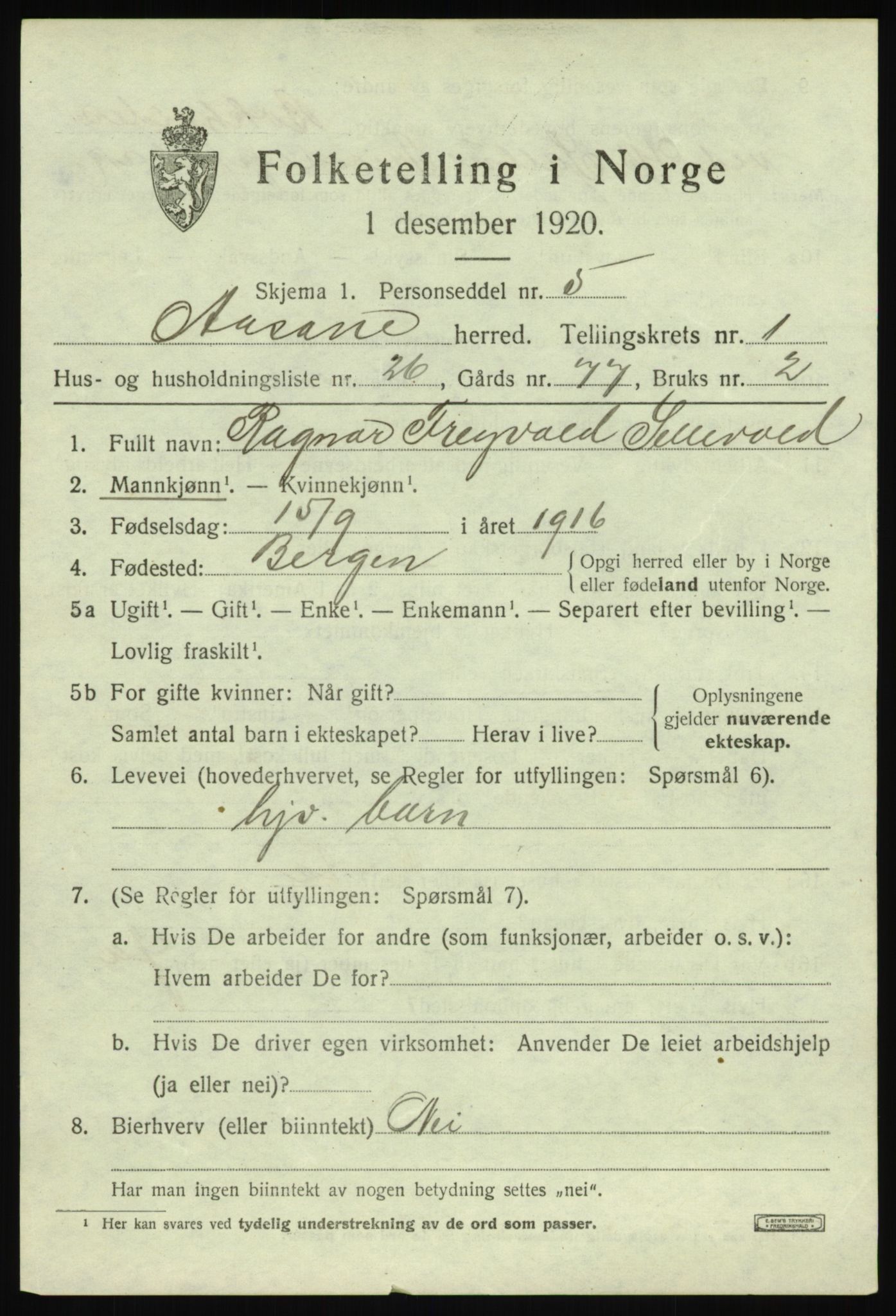 SAB, 1920 census for Åsane, 1920, p. 1217