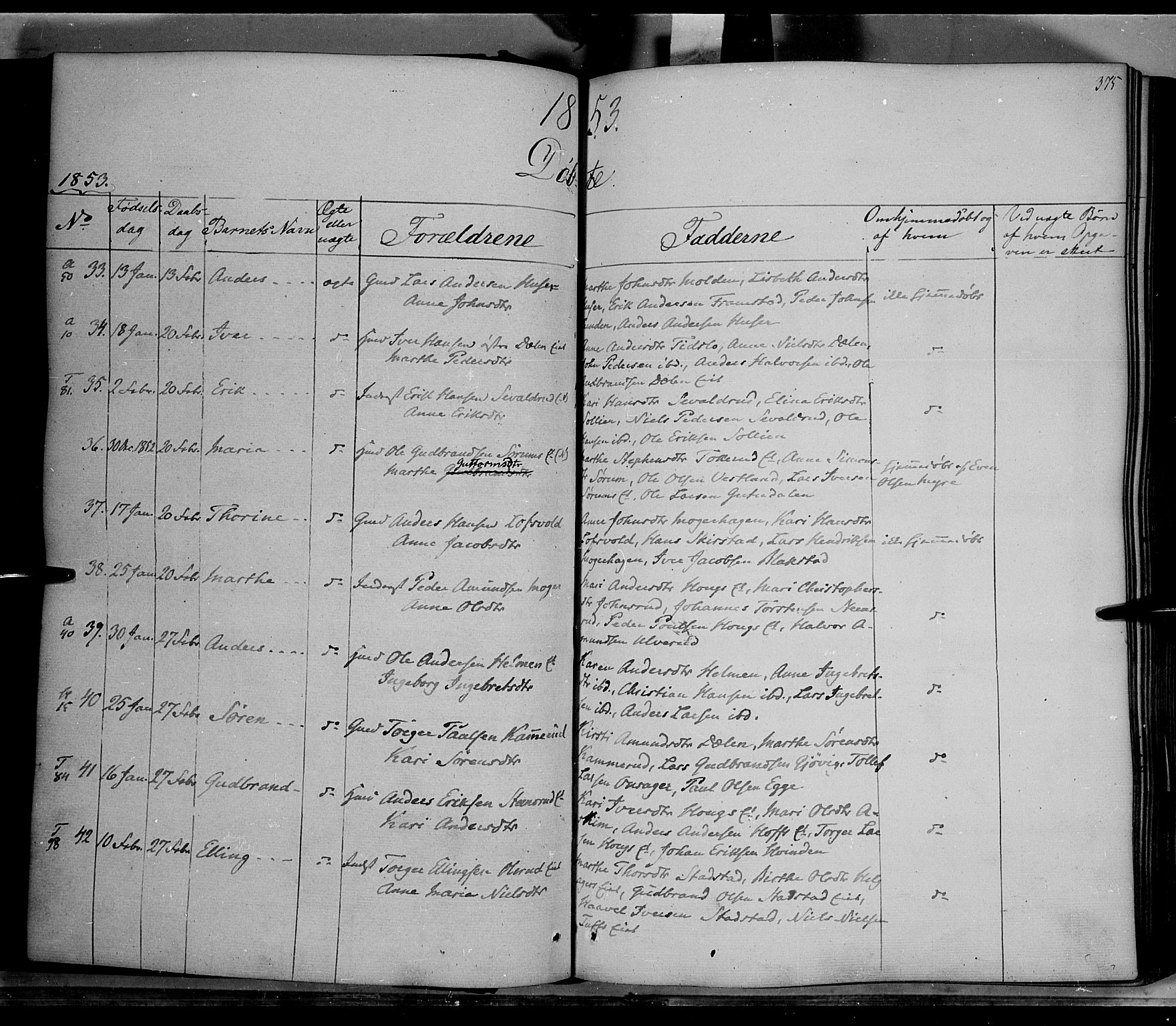 Gran prestekontor, SAH/PREST-112/H/Ha/Haa/L0011: Parish register (official) no. 11, 1842-1856, p. 374-375