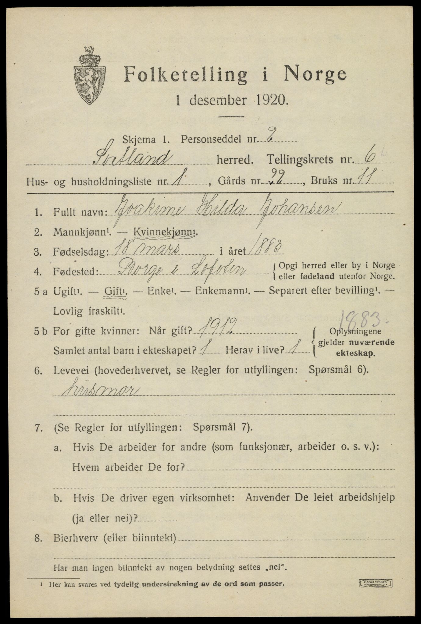 SAT, 1920 census for Sortland, 1920, p. 6224