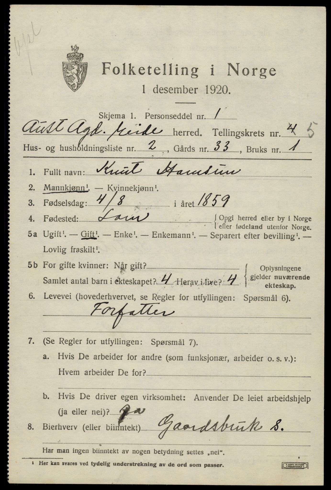 SAK, 1920 census for Eide, 1920, p. 1394