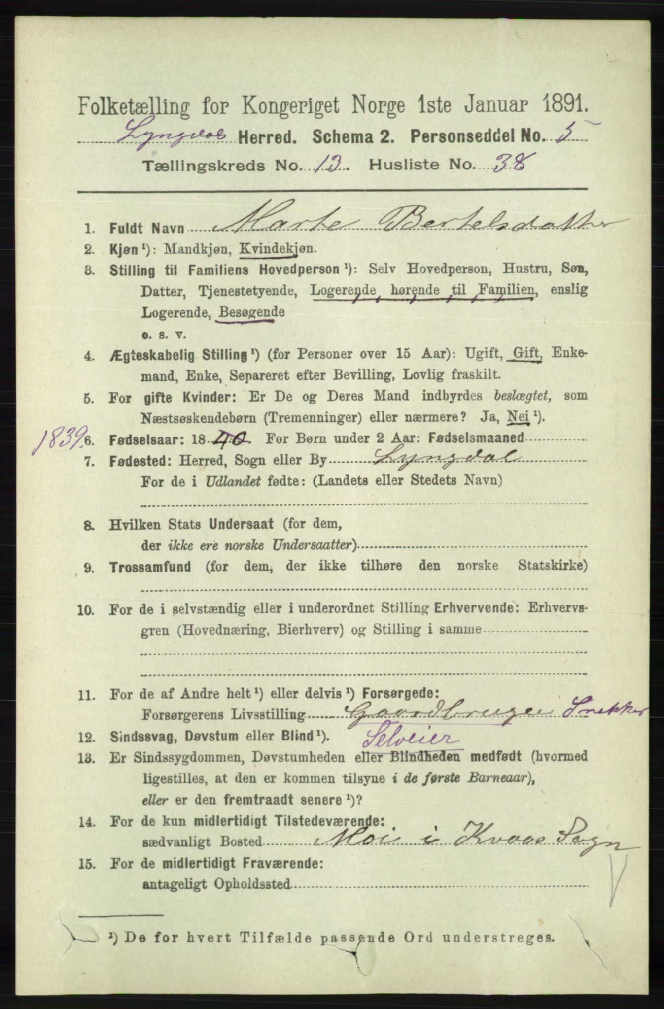 RA, 1891 census for 1032 Lyngdal, 1891, p. 5798