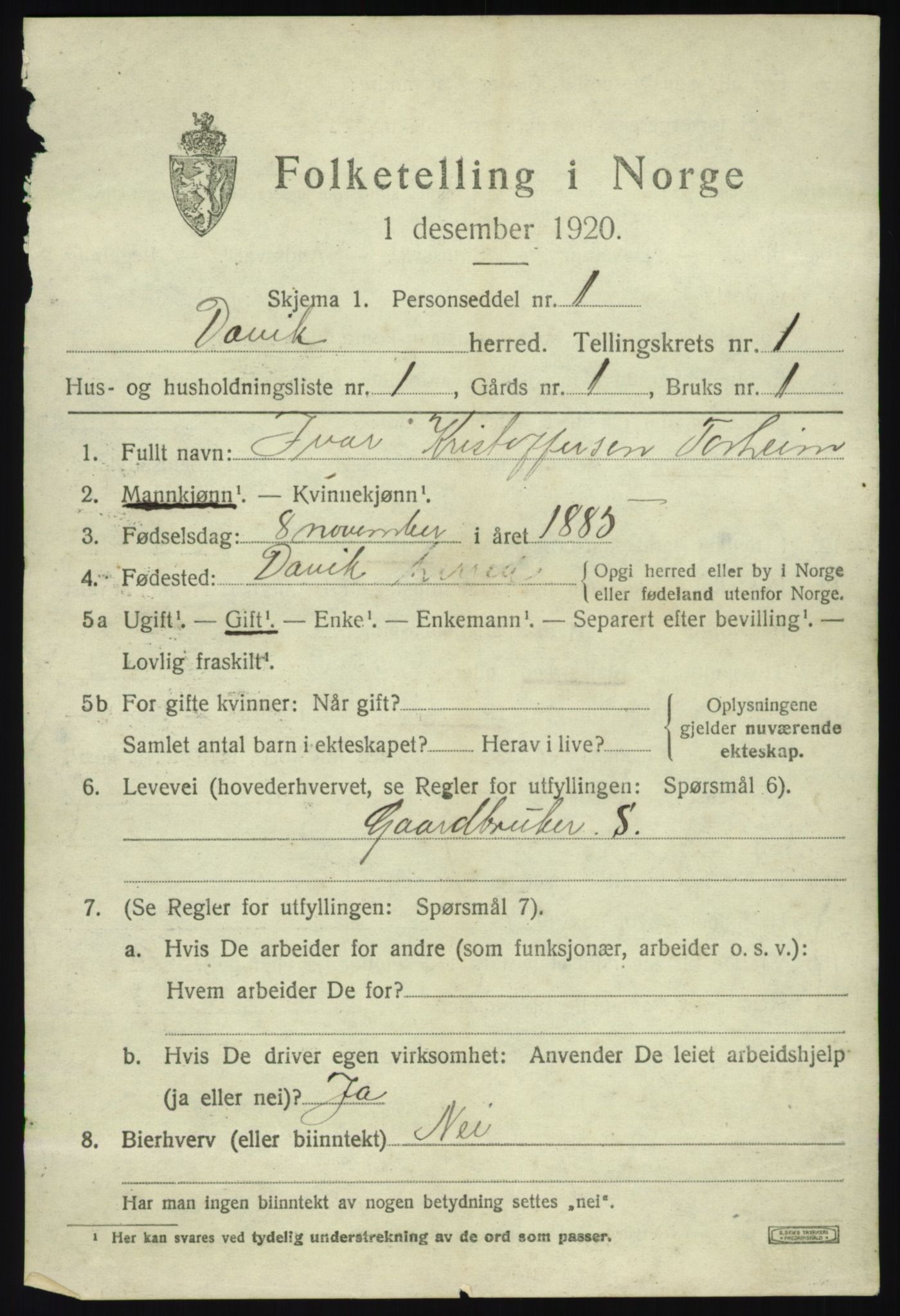 SAB, 1920 census for Davik, 1920, p. 1193