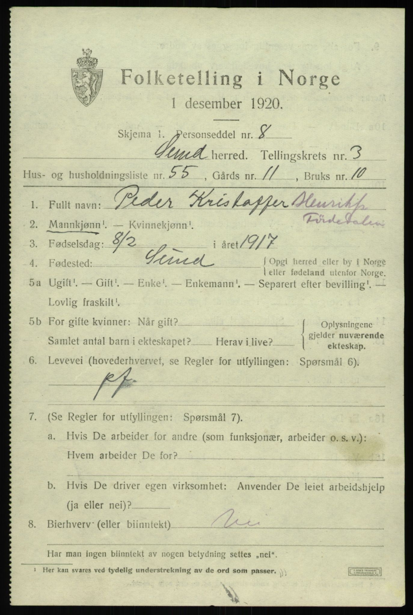 SAB, 1920 census for Sund, 1920, p. 2485