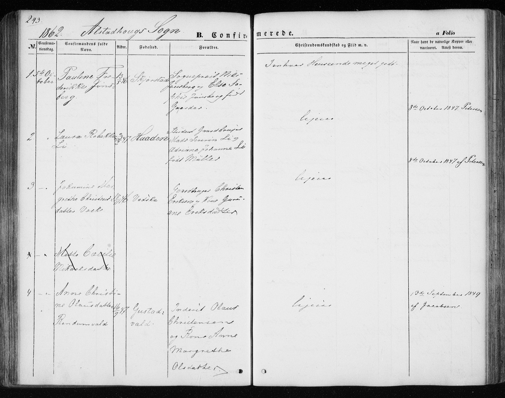 Ministerialprotokoller, klokkerbøker og fødselsregistre - Nord-Trøndelag, AV/SAT-A-1458/717/L0154: Parish register (official) no. 717A07 /1, 1850-1862, p. 243