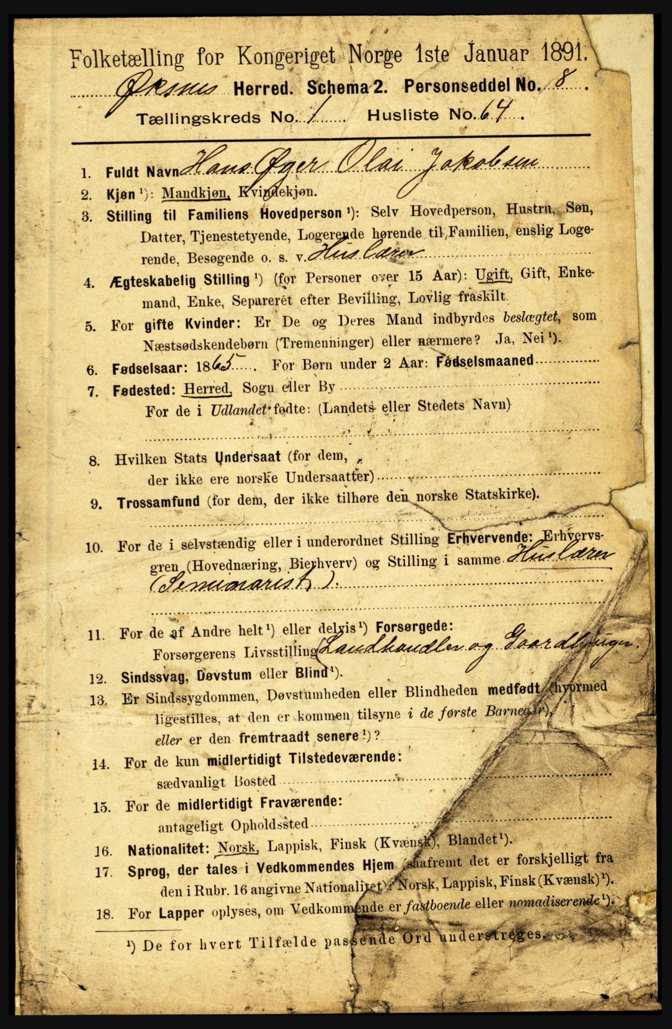 RA, 1891 census for 1868 Øksnes, 1891, p. 587