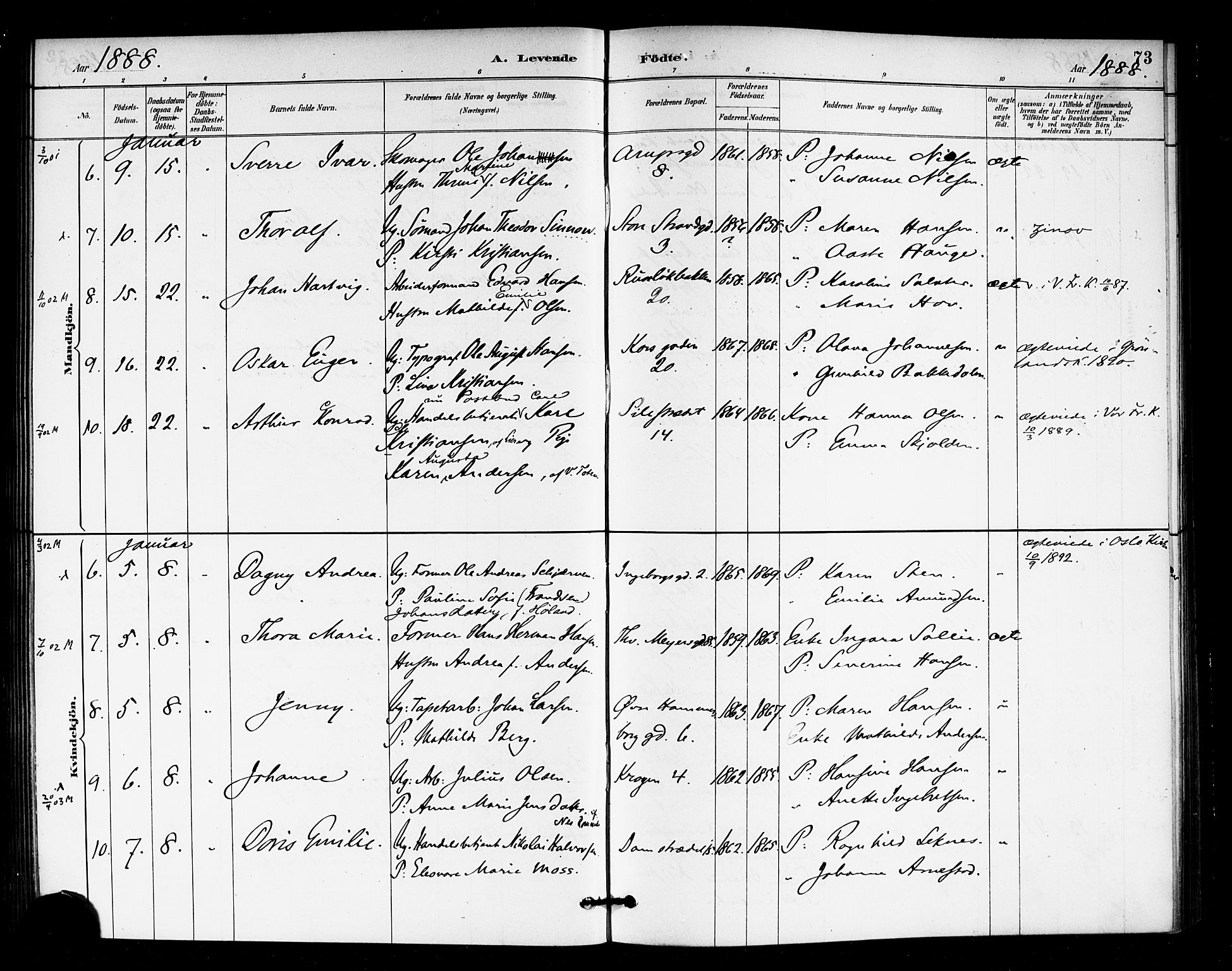 Rikshospitalet prestekontor Kirkebøker, AV/SAO-A-10309b/F/L0007: Parish register (official) no. 7, 1885-1890, p. 73