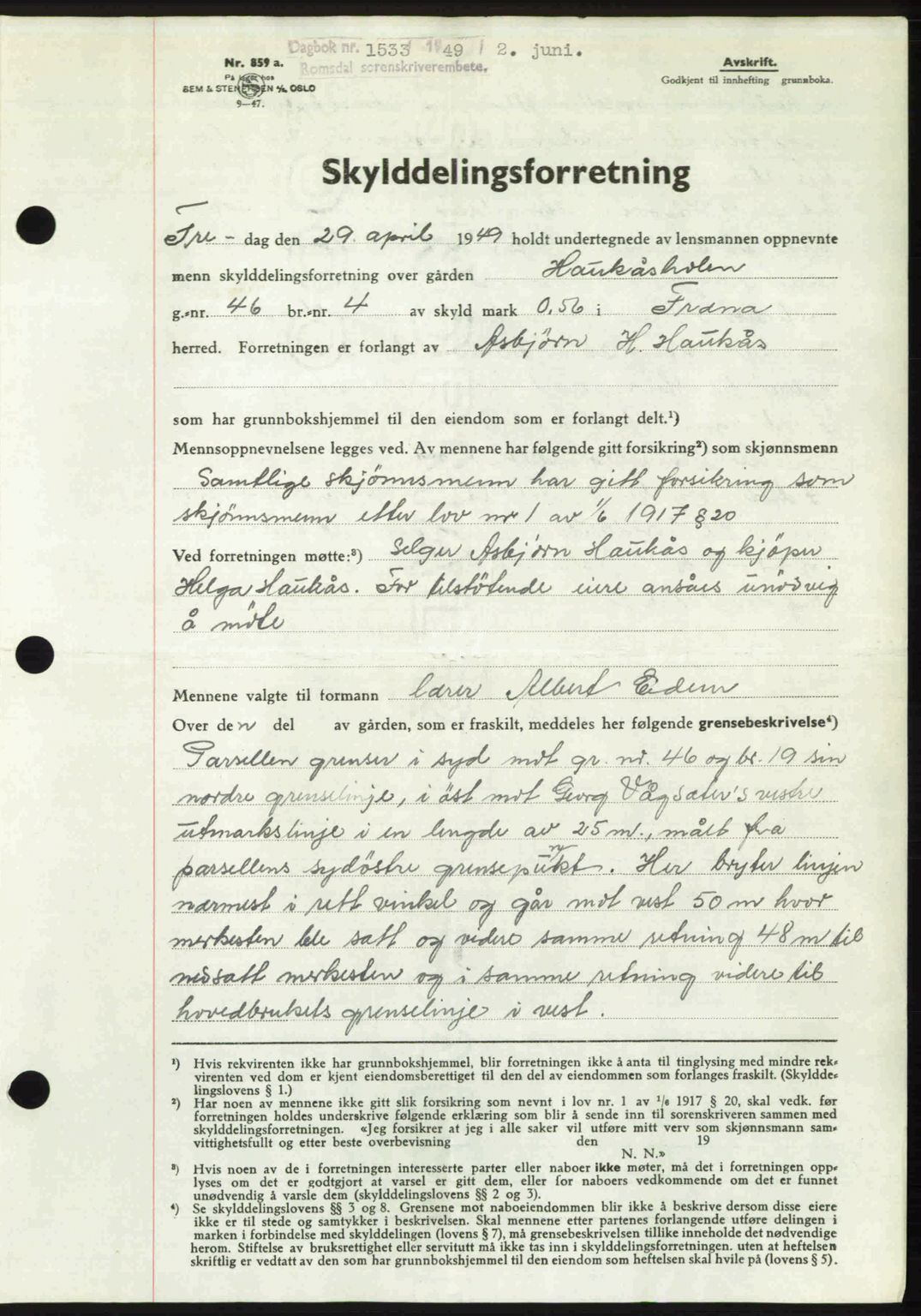 Romsdal sorenskriveri, AV/SAT-A-4149/1/2/2C: Mortgage book no. A30, 1949-1949, Diary no: : 1533/1949