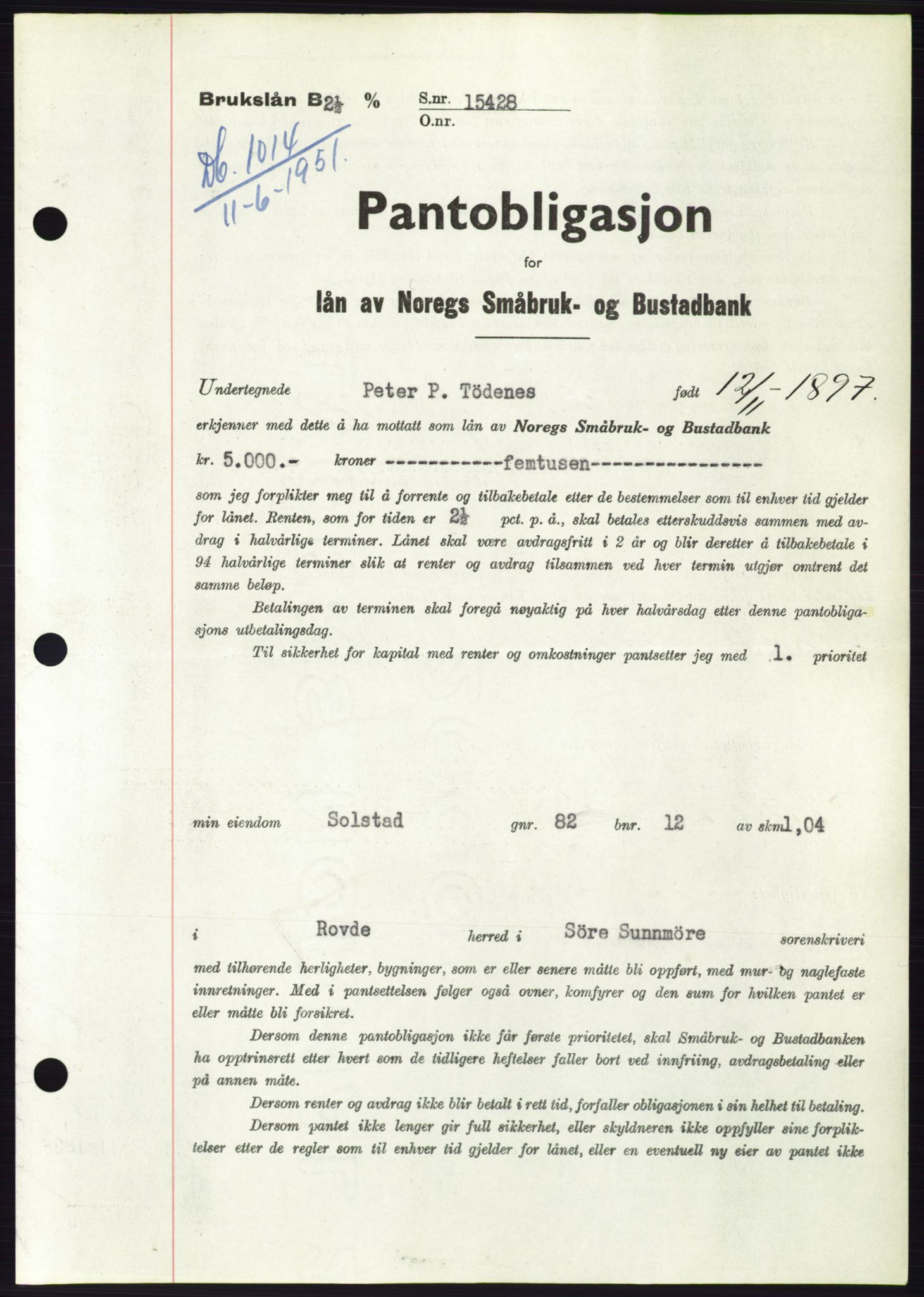 Søre Sunnmøre sorenskriveri, AV/SAT-A-4122/1/2/2C/L0120: Mortgage book no. 8B, 1951-1951, Diary no: : 1014/1951