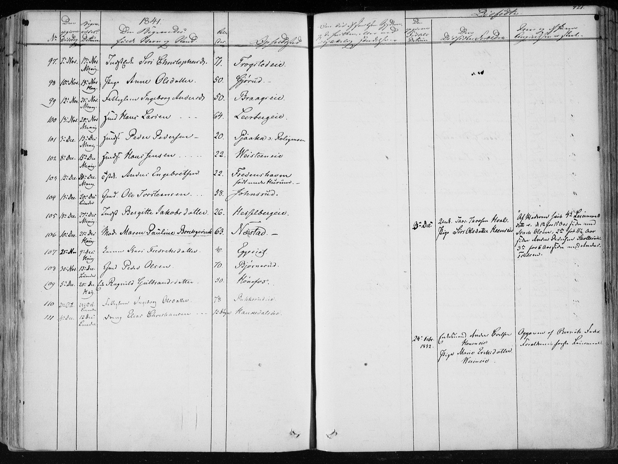 Norderhov kirkebøker, AV/SAKO-A-237/F/Fa/L0010: Parish register (official) no. 10, 1837-1847, p. 421