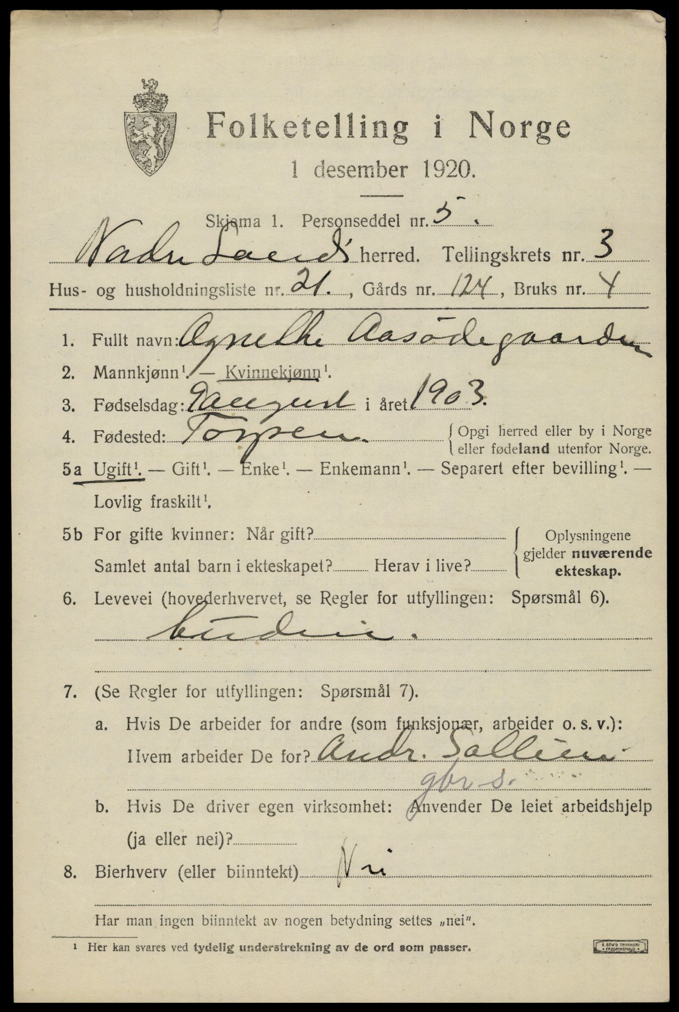 SAH, 1920 census for Nordre Land, 1920, p. 2463