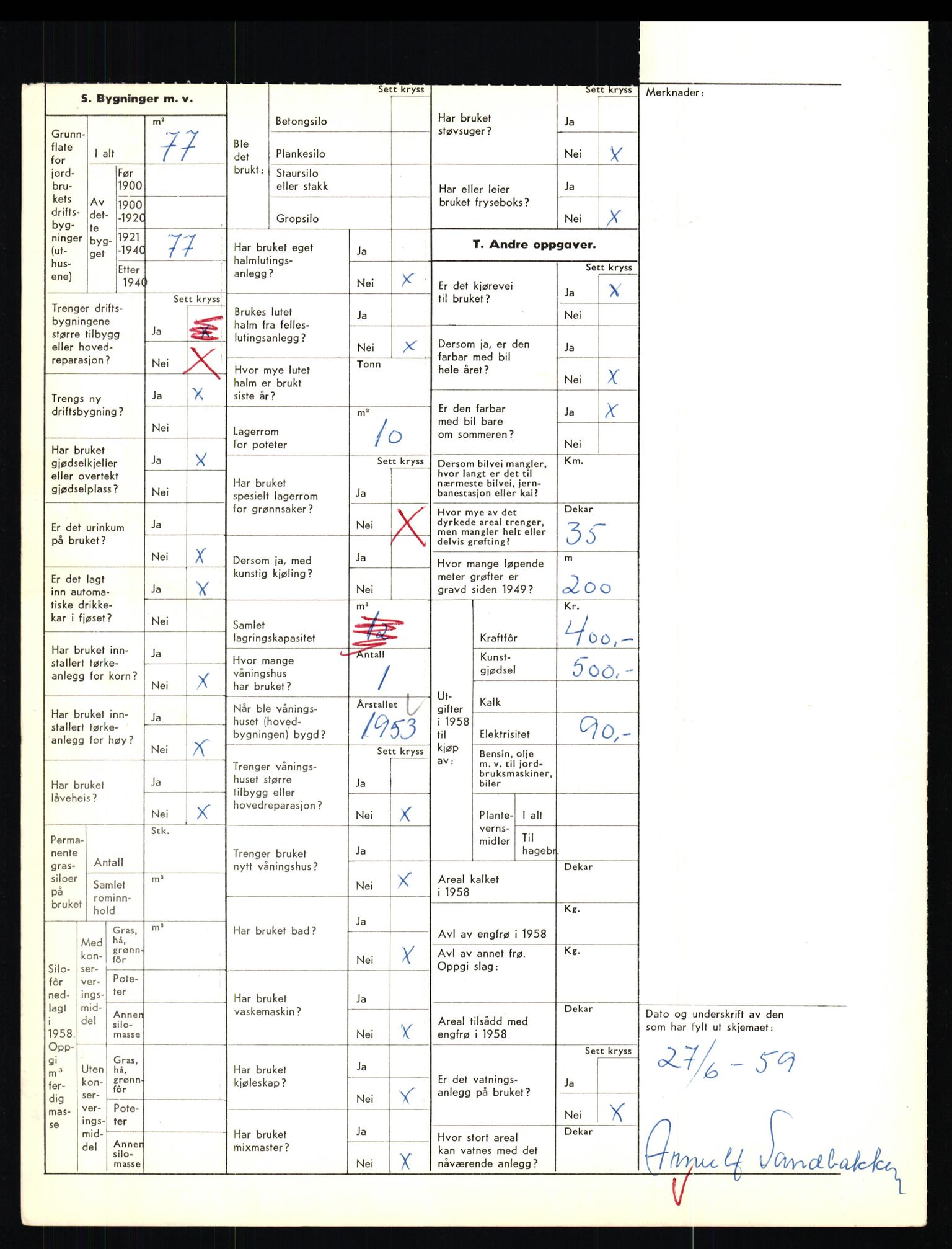 Statistisk sentralbyrå, Næringsøkonomiske emner, Jordbruk, skogbruk, jakt, fiske og fangst, AV/RA-S-2234/G/Gd/L0655: Troms: 1924 Målselv (kl. 4-10), 1959, p. 1455