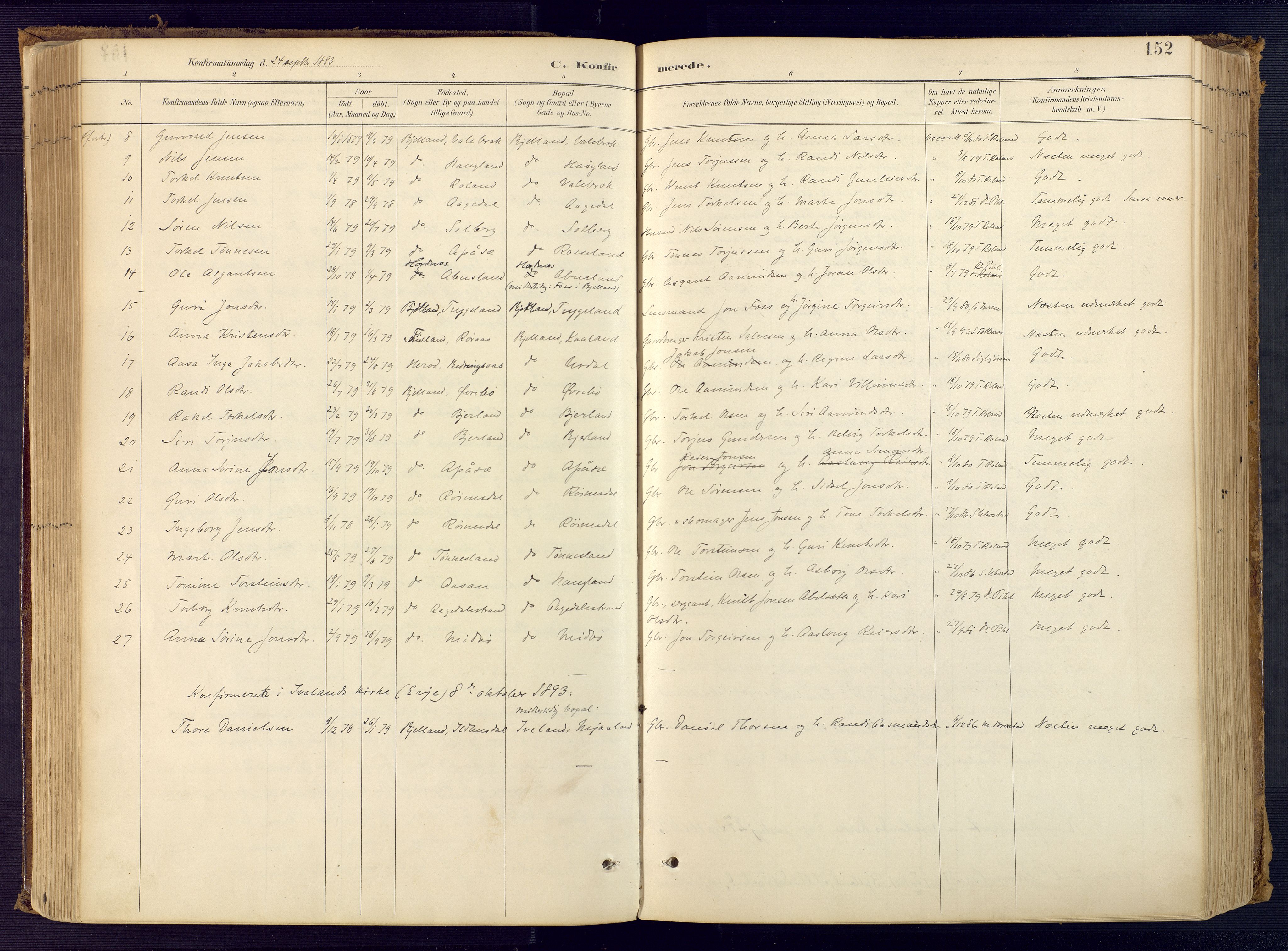 Bjelland sokneprestkontor, SAK/1111-0005/F/Fa/Faa/L0004: Parish register (official) no. A 4, 1887-1923, p. 152