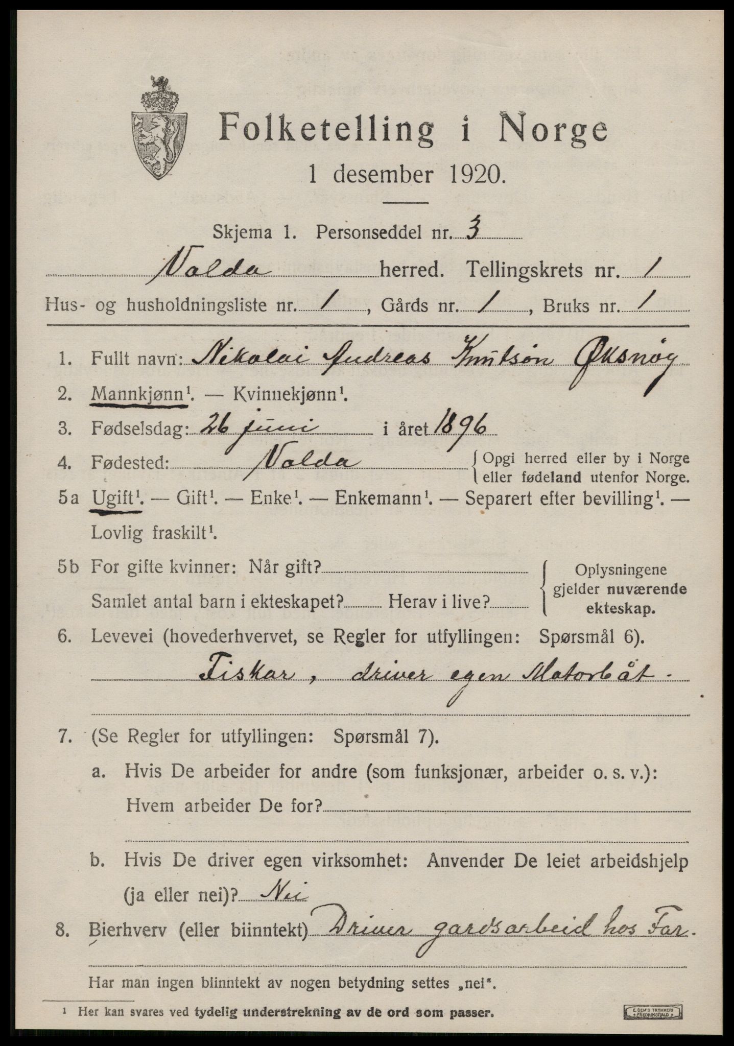 SAT, 1920 census for Volda, 1920, p. 1884