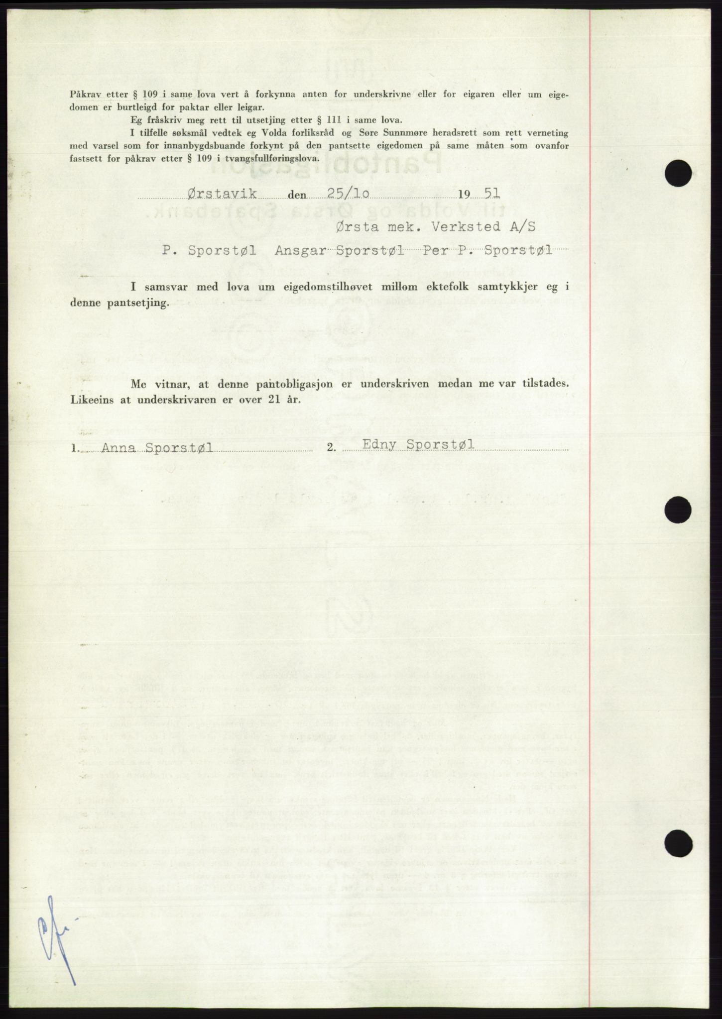 Søre Sunnmøre sorenskriveri, AV/SAT-A-4122/1/2/2C/L0120: Mortgage book no. 8B, 1951-1951, Diary no: : 2076/1951
