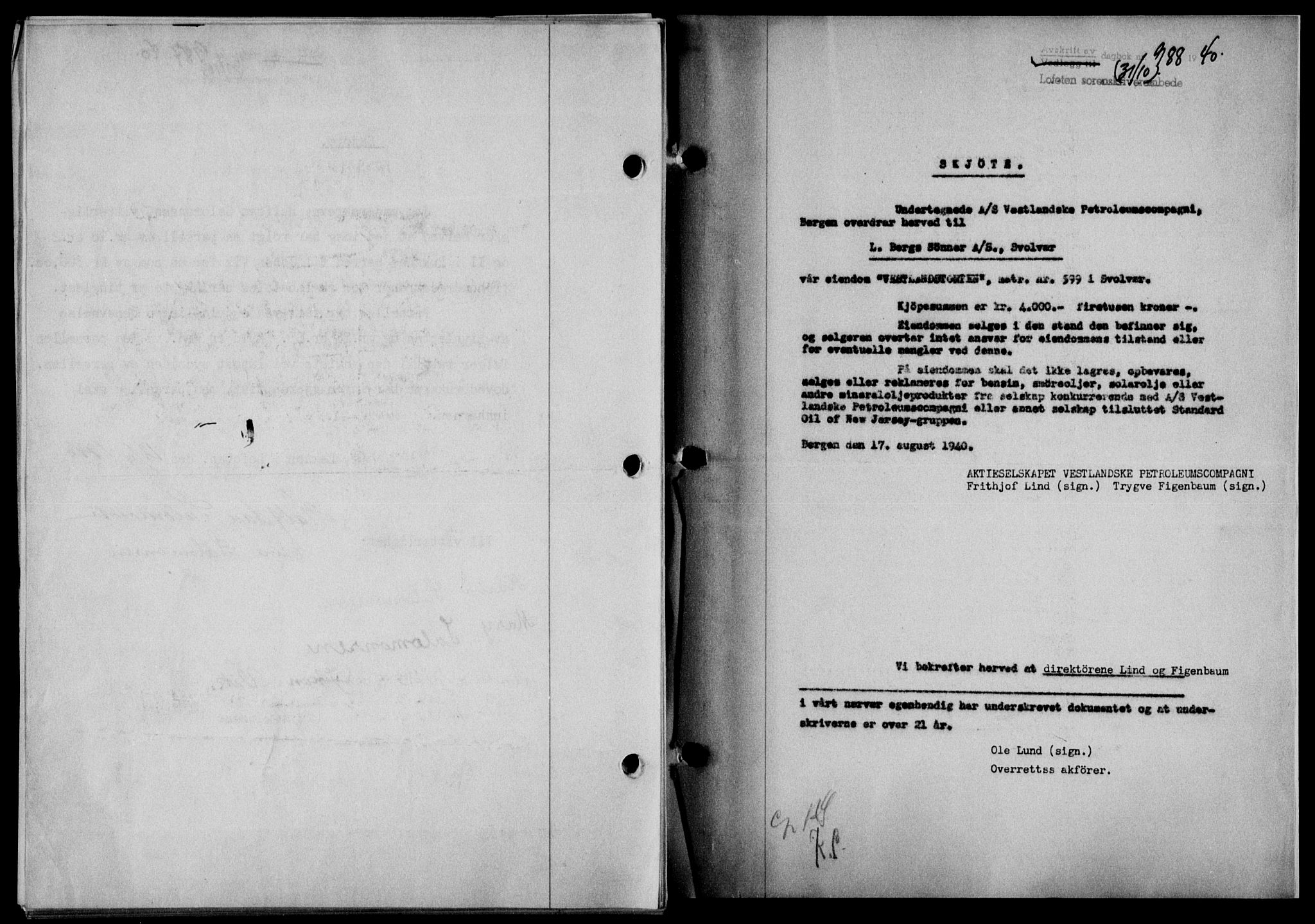 Lofoten sorenskriveri, SAT/A-0017/1/2/2C/L0007a: Mortgage book no. 7a, 1939-1940, Diary no: : 988/1940