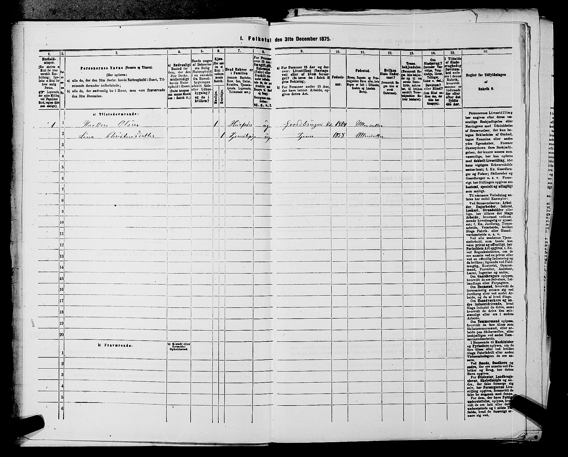 RA, 1875 census for 0235P Ullensaker, 1875, p. 291