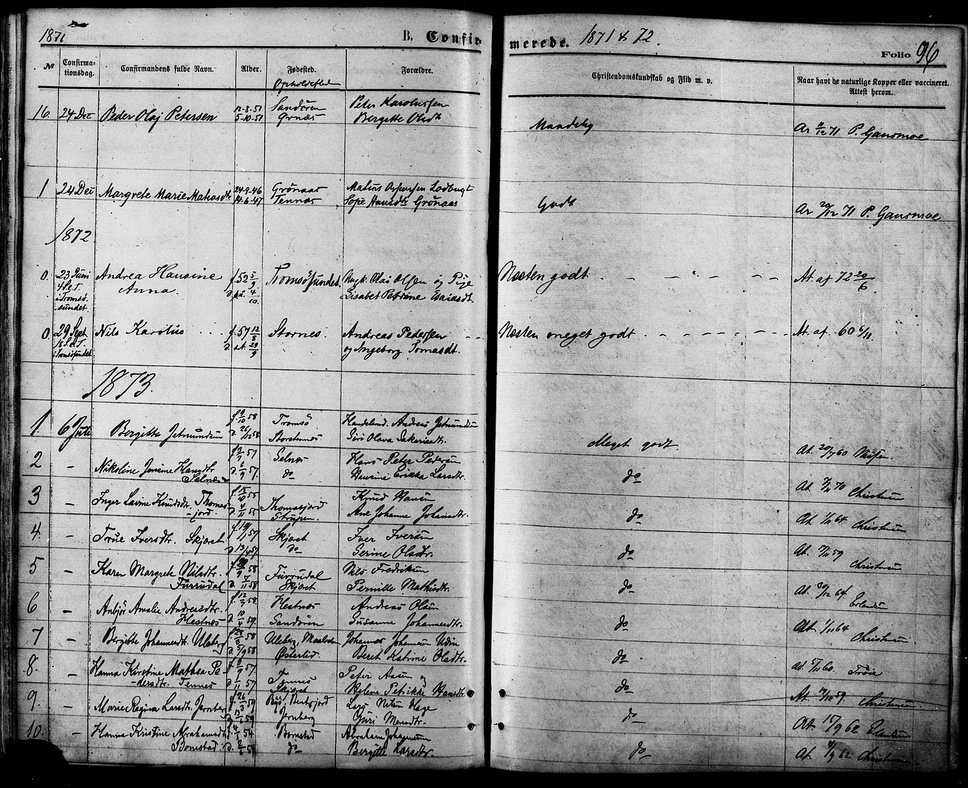 Balsfjord sokneprestembete, SATØ/S-1303/G/Ga/L0004kirke: Parish register (official) no. 4, 1871-1883, p. 96